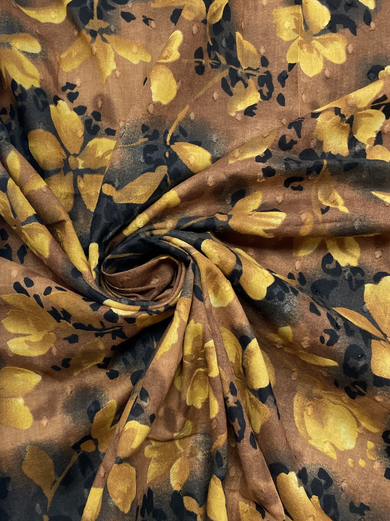 1 YD Cotton Dotted Swiss Vintage - Tan, Golden Yellow and Black Floral Print