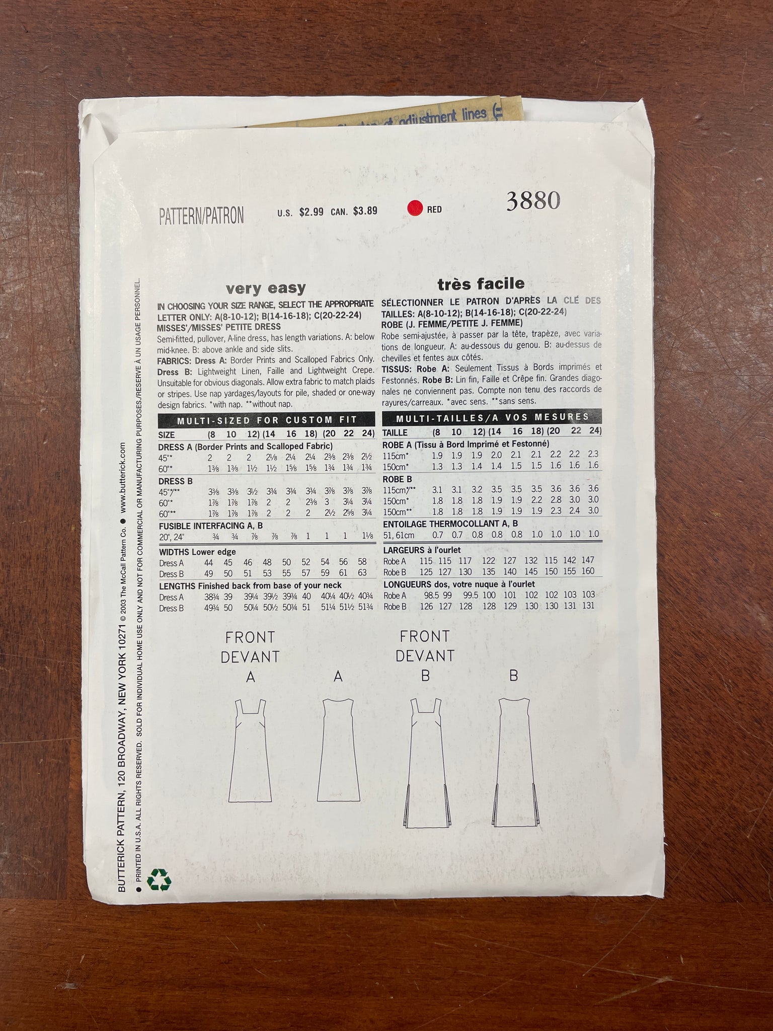 2003 See & Sew 3880 Sewing Pattern - Dresses FACTORY FOLDED