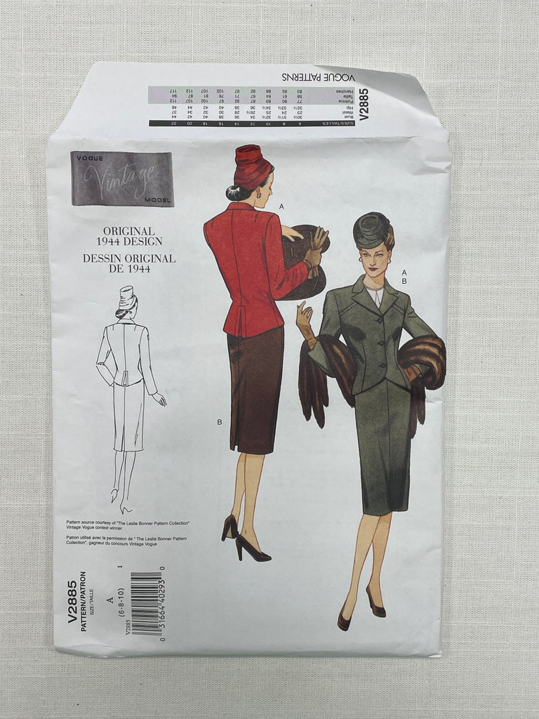 1944 Reproduction Vogue 2885 Pattern - Jacket and Skirt FACTORY FOLDED