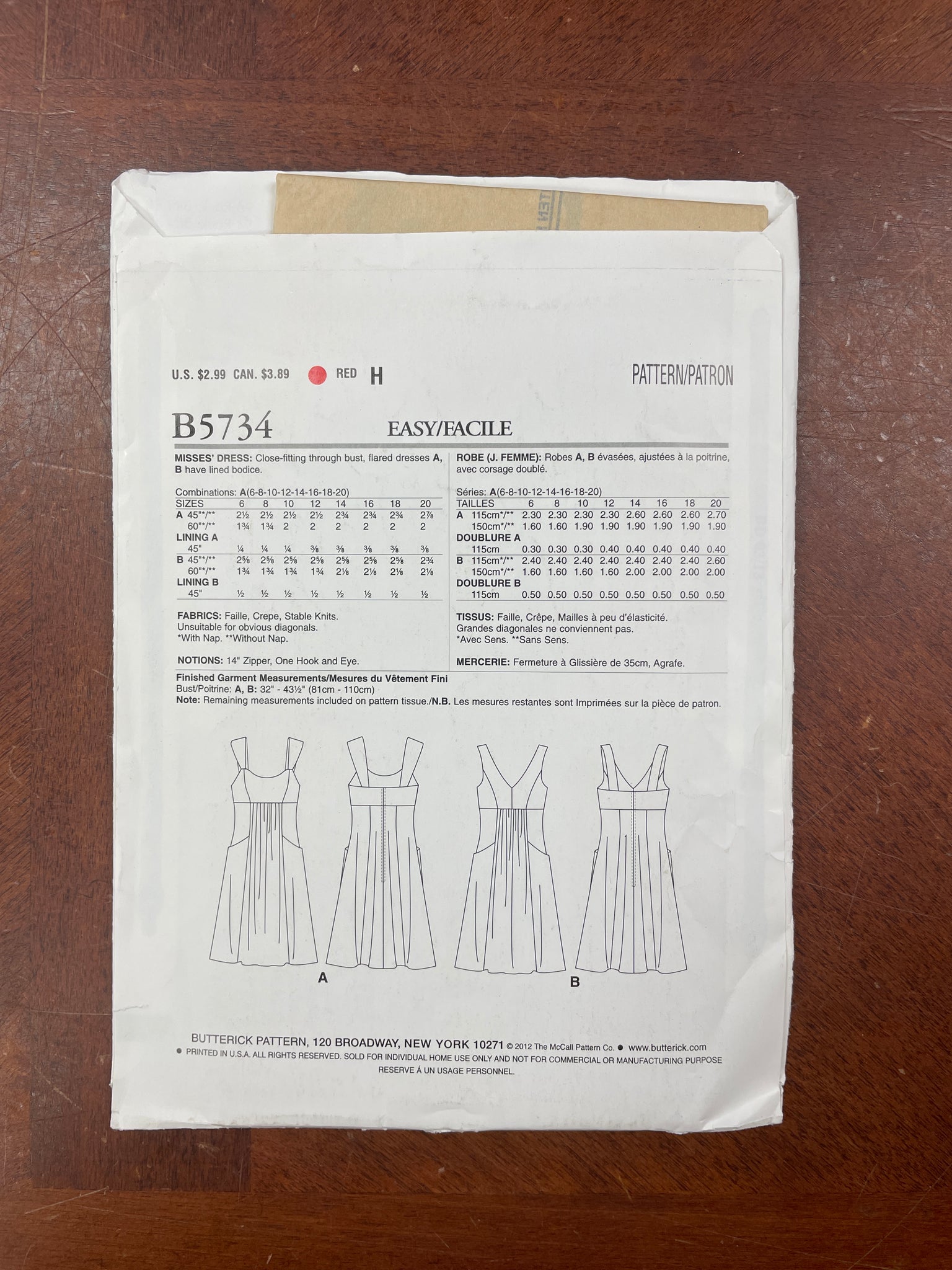 2012 See & Sew 5734 Sewing Pattern - Dresses FACTORY FOLDED