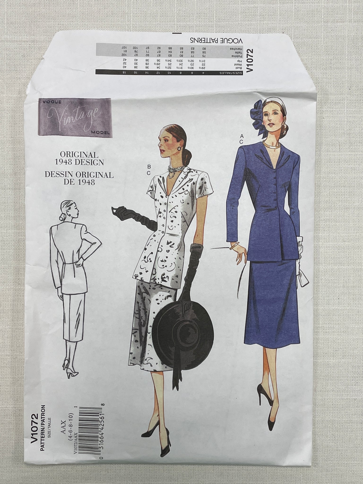 SALE 1948 Reproduction Vogue 1072 Pattern - Jacket, Blouse and Skirt FACTORY FOLDED