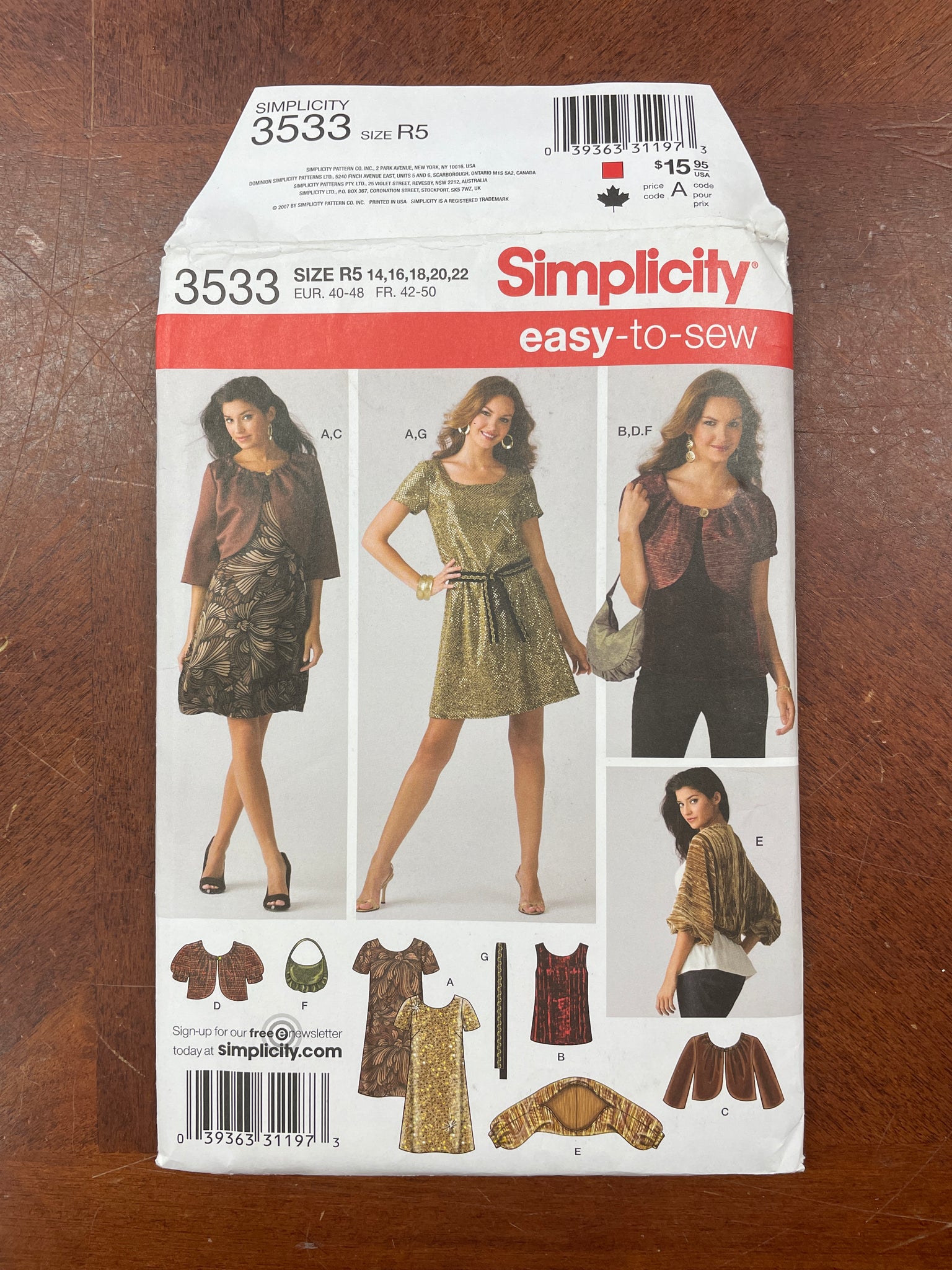 2007 Simplicity 3533 Sewing Pattern - Dress, Top, Jacket, Shrug, Belt and Bag
