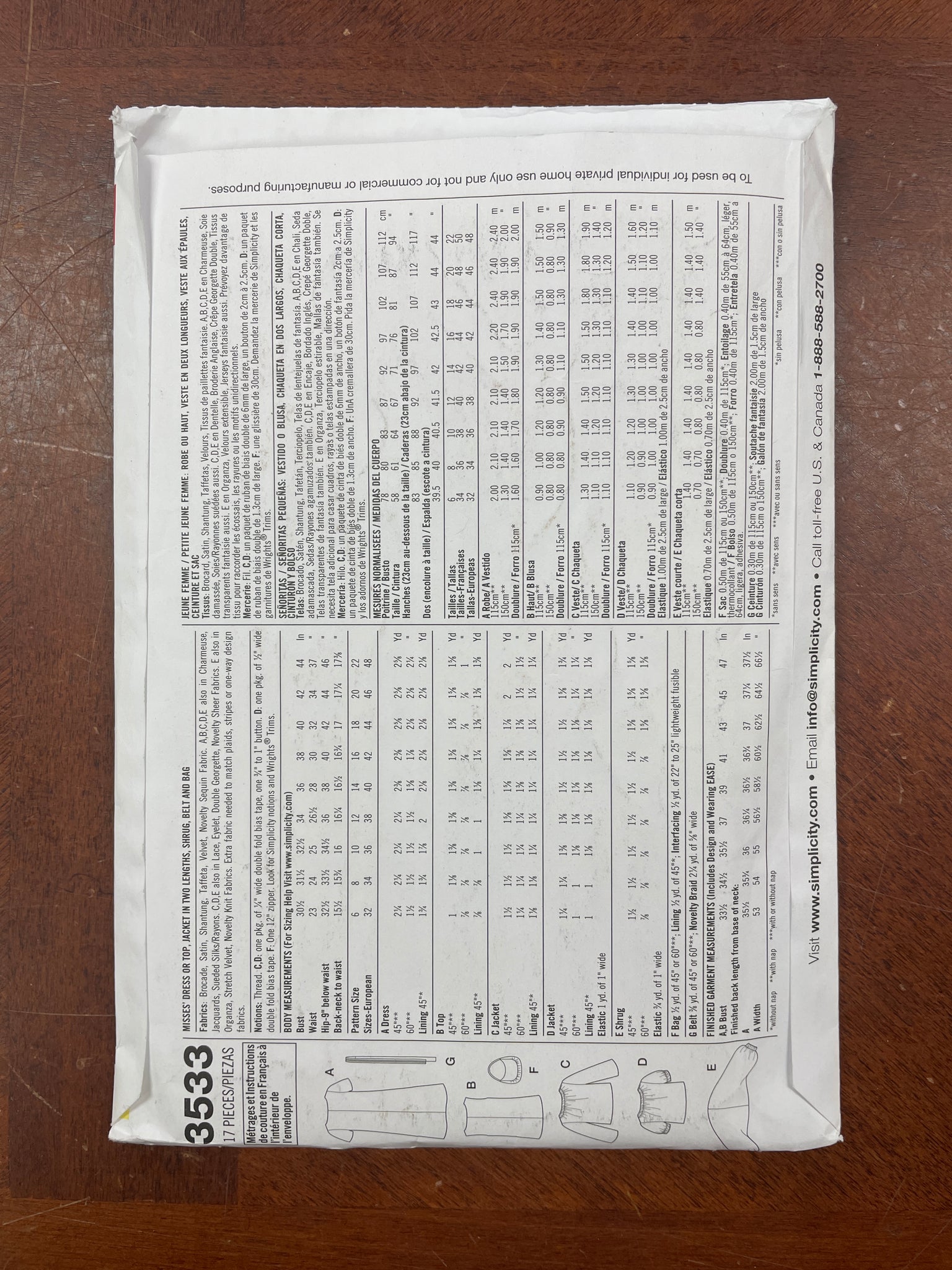 2007 Simplicity 3533 Sewing Pattern - Dress, Top, Jacket, Shrug, Belt and Bag