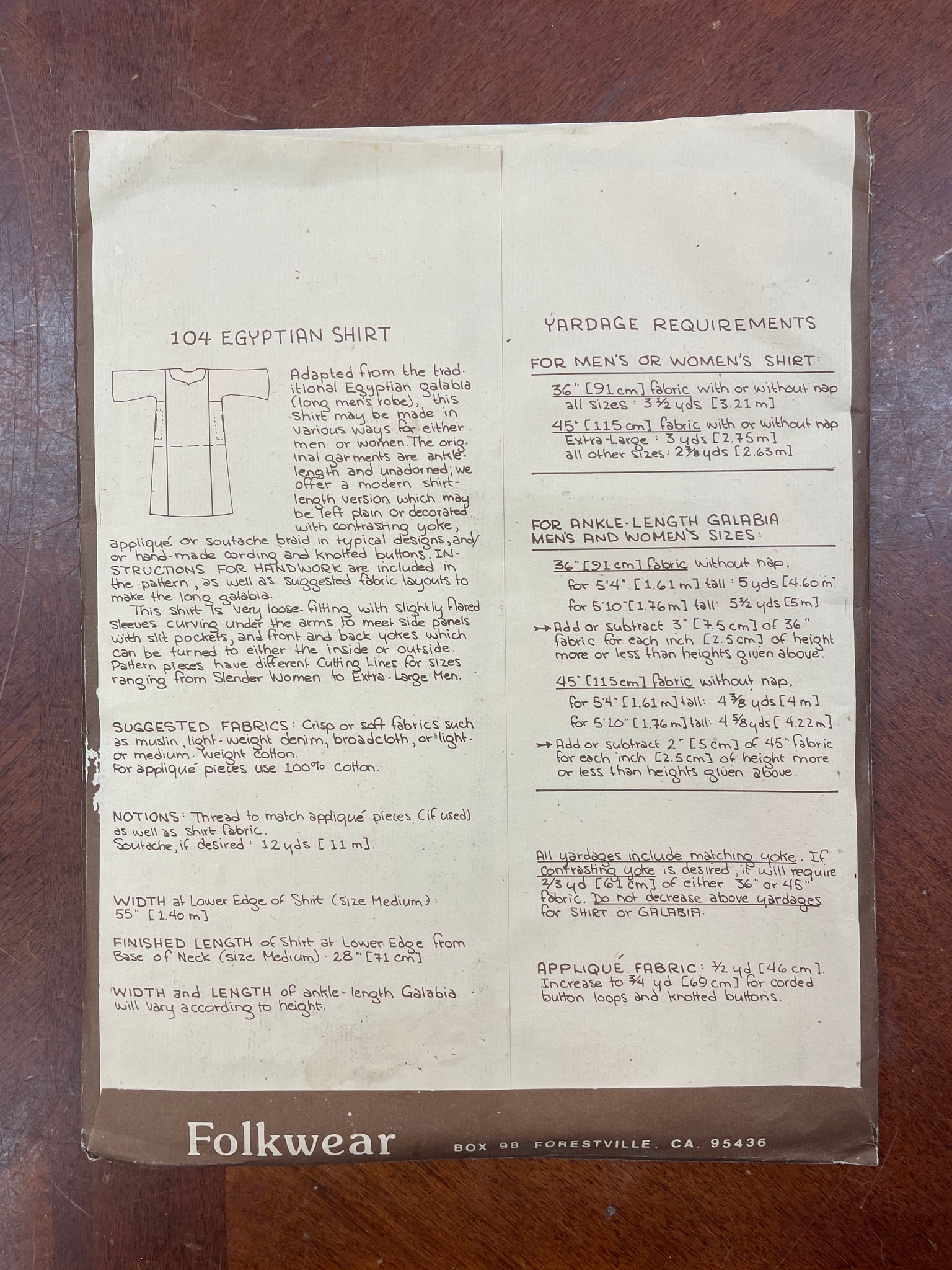 1976 Folkwear 104 Sewing Pattern - "Egyptian Shirt"