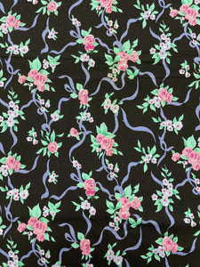 1 1/2 YD Cotton Blend Knit Vintage - Black with Periwinkle Ribbon and Pink Flowers