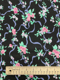 1 1/2 YD Cotton Blend Knit Vintage - Black with Periwinkle Ribbon and Pink Flowers