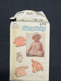 1984 Simplicity 6715 Sewing Pattern - Babies' Dress, Jumper, Blouse, Sunsuit, and Hat FACTORY FOLDED