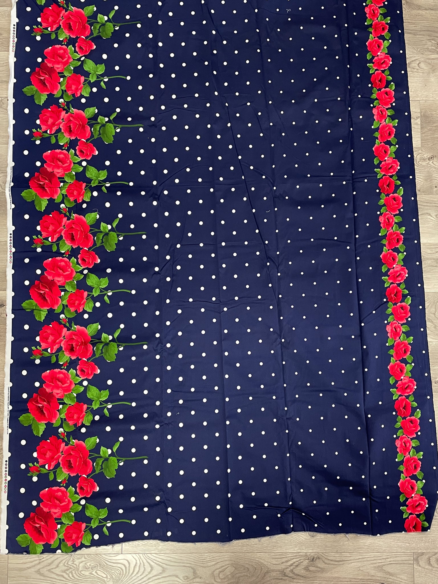 Cotton Stretch with Borders - Navy Blue with White Polka Dots and Red Roses