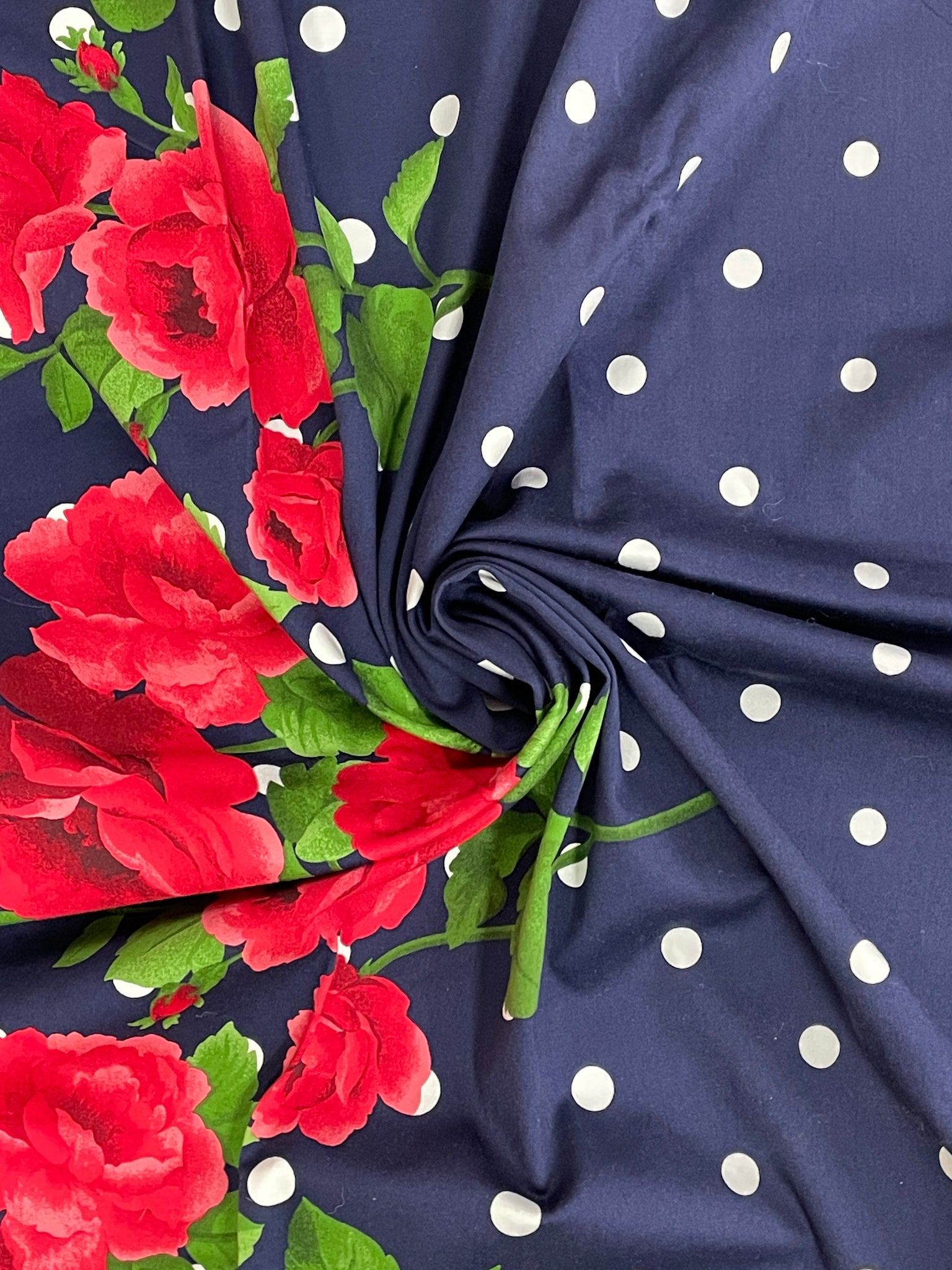 Cotton Stretch with Borders - Navy Blue with White Polka Dots and Red Roses