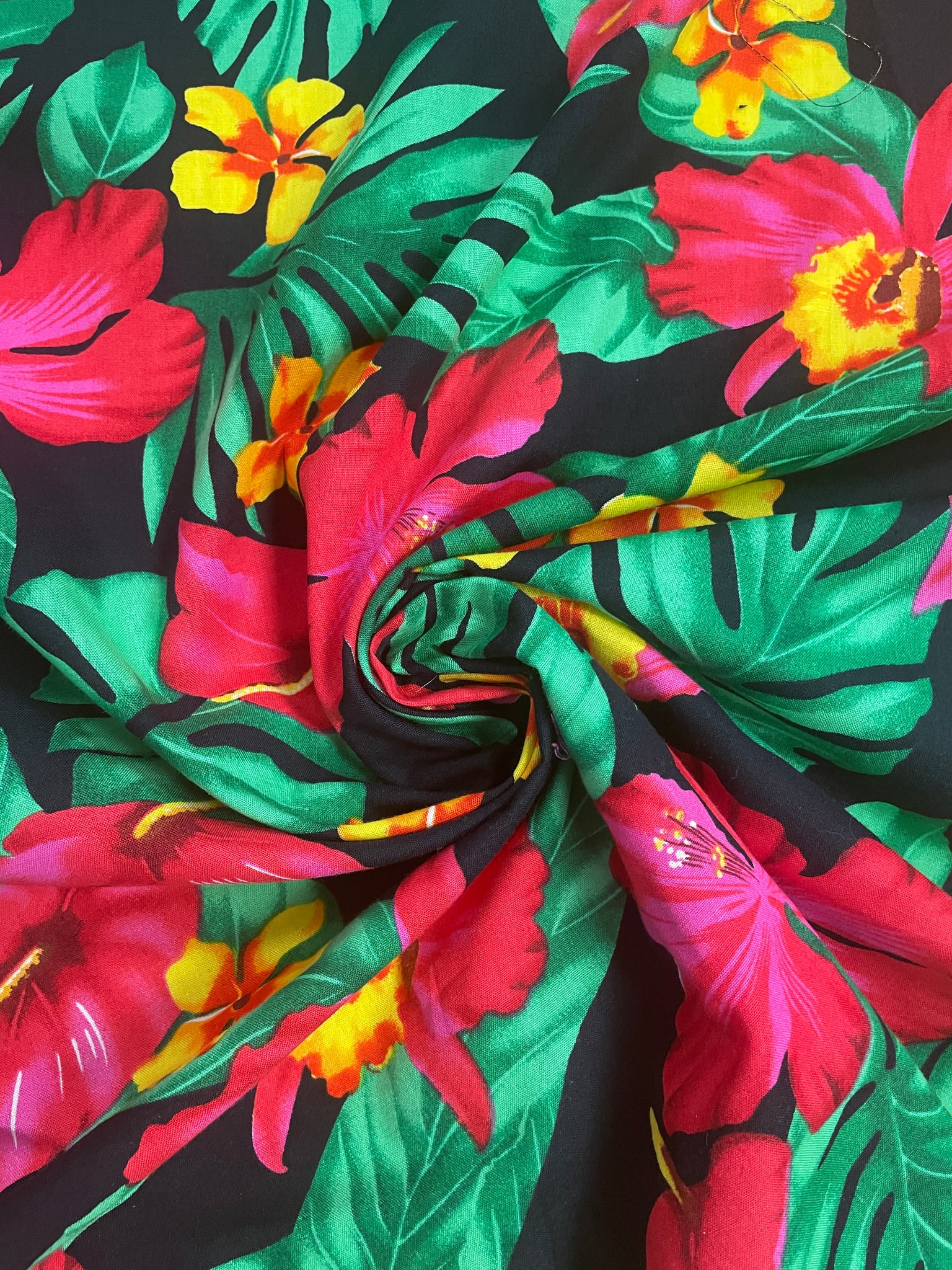 Cotton Vintage - Large, Bright Red and Yellow Tropical Flowers and Green Leaves on Black