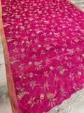 4 YD Silk Sari - Fuschia Pink with Yellow and Pink Flowers and Metallic Border