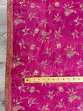 4 YD Silk Sari - Fuschia Pink with Yellow and Pink Flowers and Metallic Border