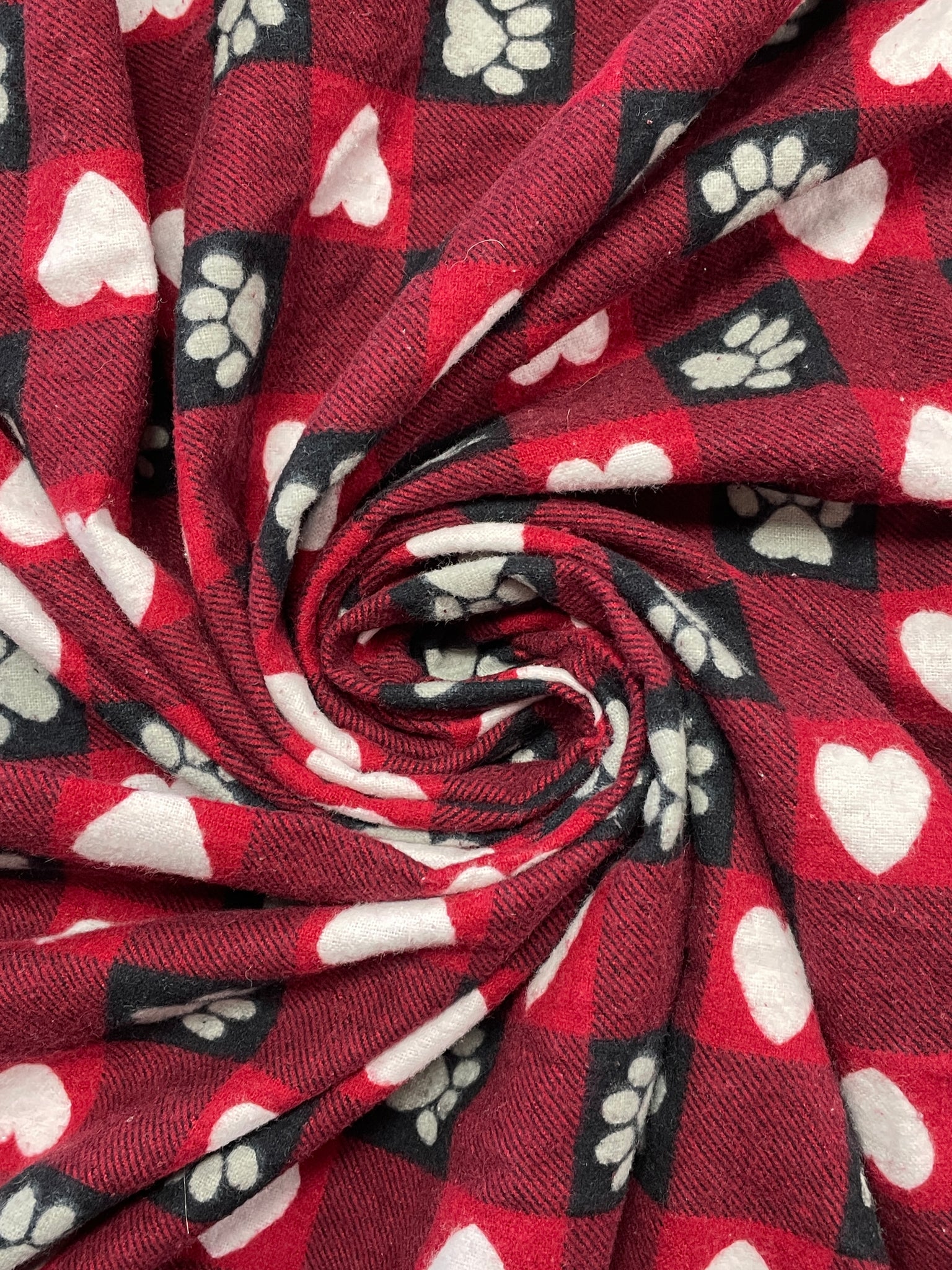 3 3/4 YD Cotton Flannel Printed Buffalo Plaid - Red and Black with Hearts and Paw Prints
