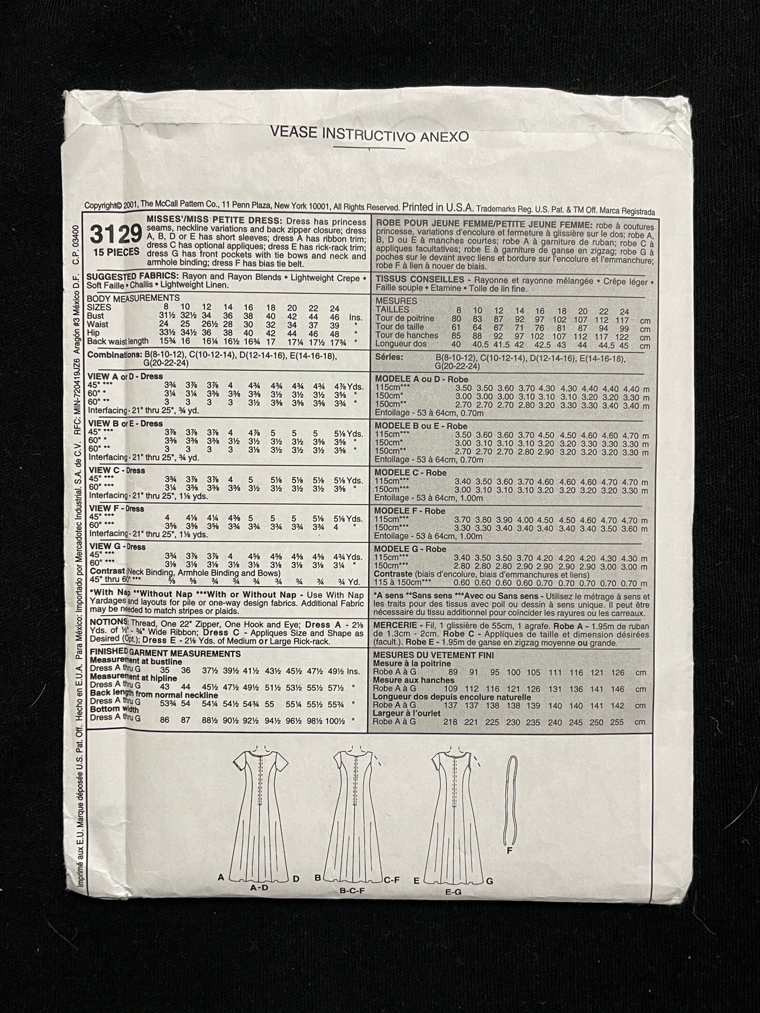 2001 McCall's 3129 Pattern - Dress FACTORY FOLDED