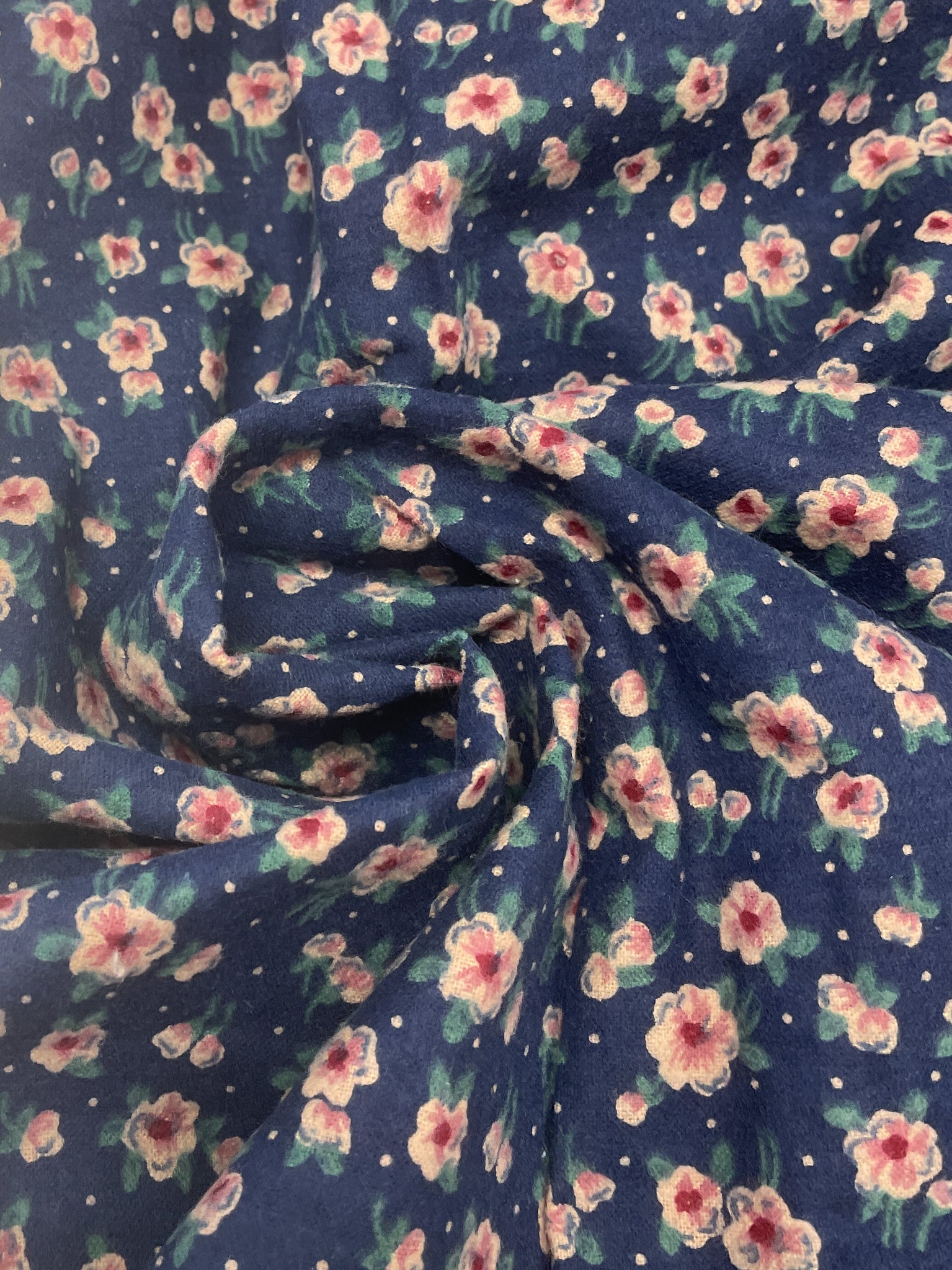Cotton Flannel Remnant Vintage - Navy Blue with Flowers