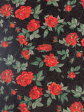 2 1/2 YD Cotton Pinwale Corduroy Vintage - Red Roses with Green Leaves on Black