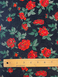 2 1/2 YD Cotton Pinwale Corduroy Vintage - Red Roses with Green Leaves on Black