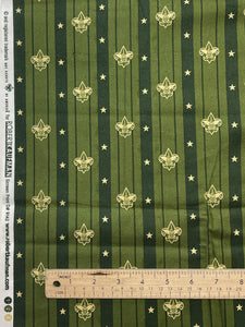 5/8 YD Quilting Cotton Remnant - Olive Green and Dark Green Stripes with Ecru Scout Boy Insignias and Stars