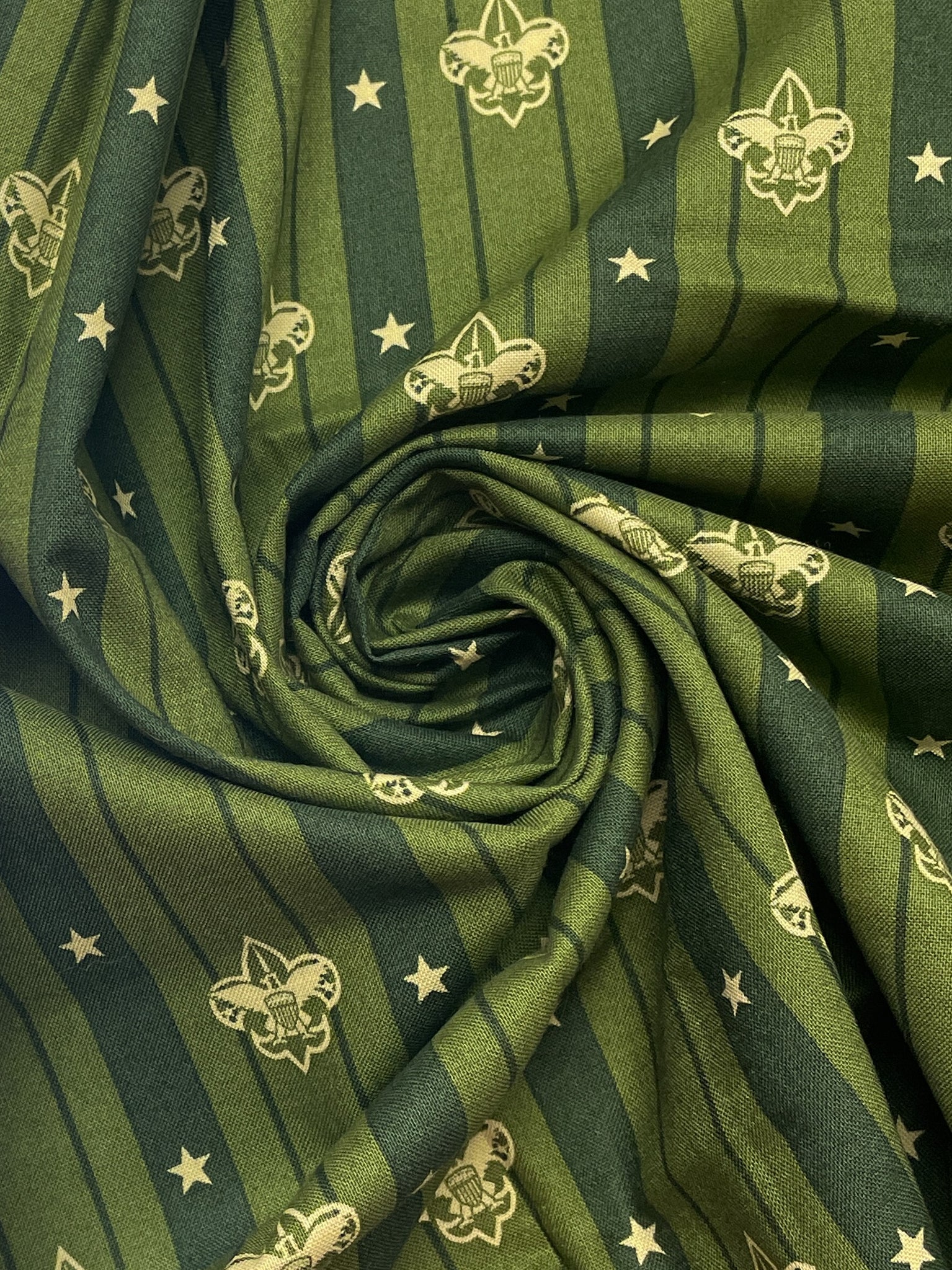 5/8 YD Quilting Cotton Remnant - Olive Green and Dark Green Stripes with Ecru Scout Boy Insignias and Stars