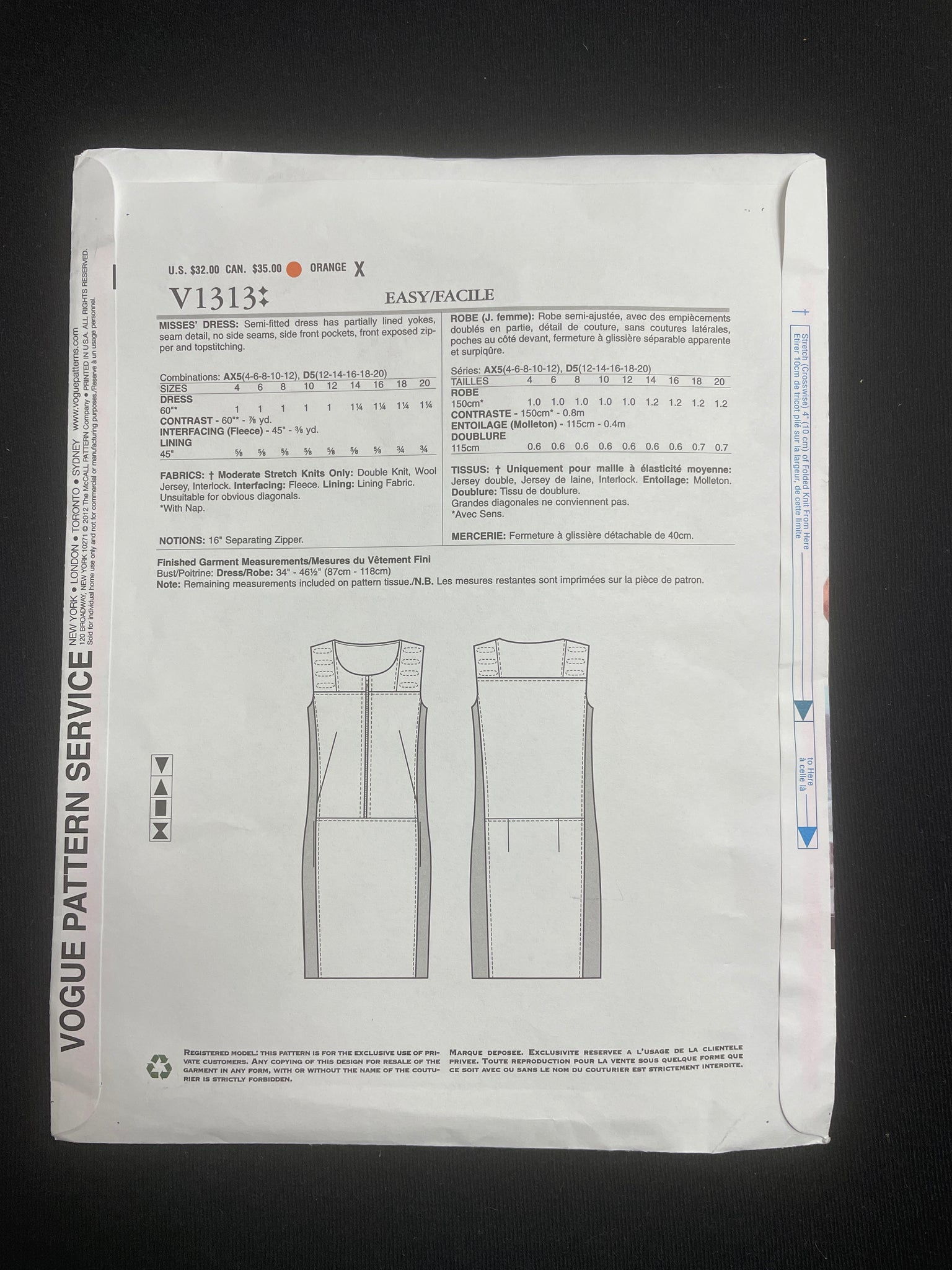 2012 Vogue 1313 Sewing Pattern - Dress FACTORY FOLDED