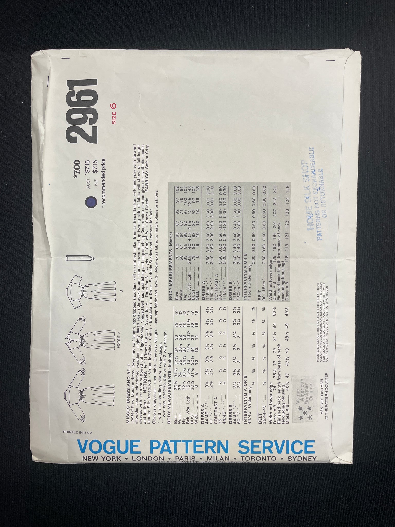 1980s Vogue 2961 Sewing Pattern - Dress FACTORY FOLDED