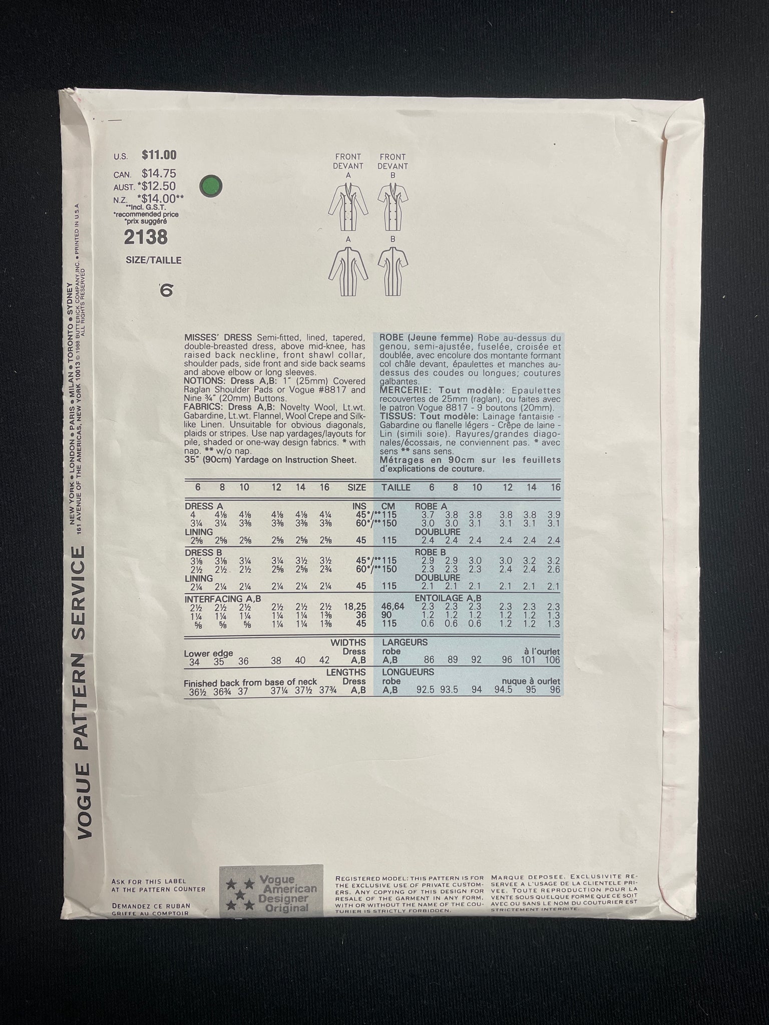 1988 Vogue 2138 Sewing Pattern - Dress FACTORY FOLDED