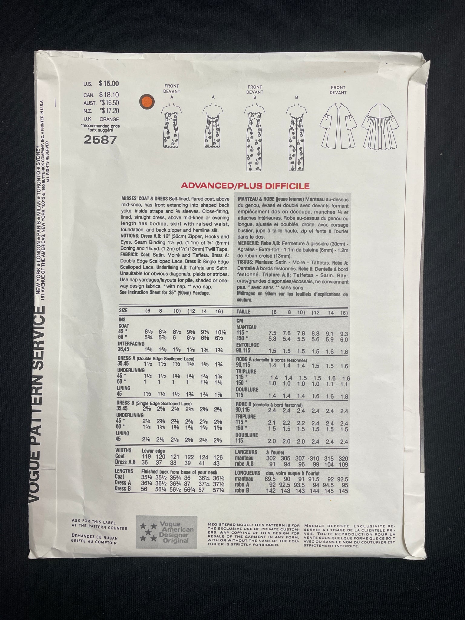 1990 Vogue 2587 Sewing Pattern - Dress and Coat FACTORY FOLDED