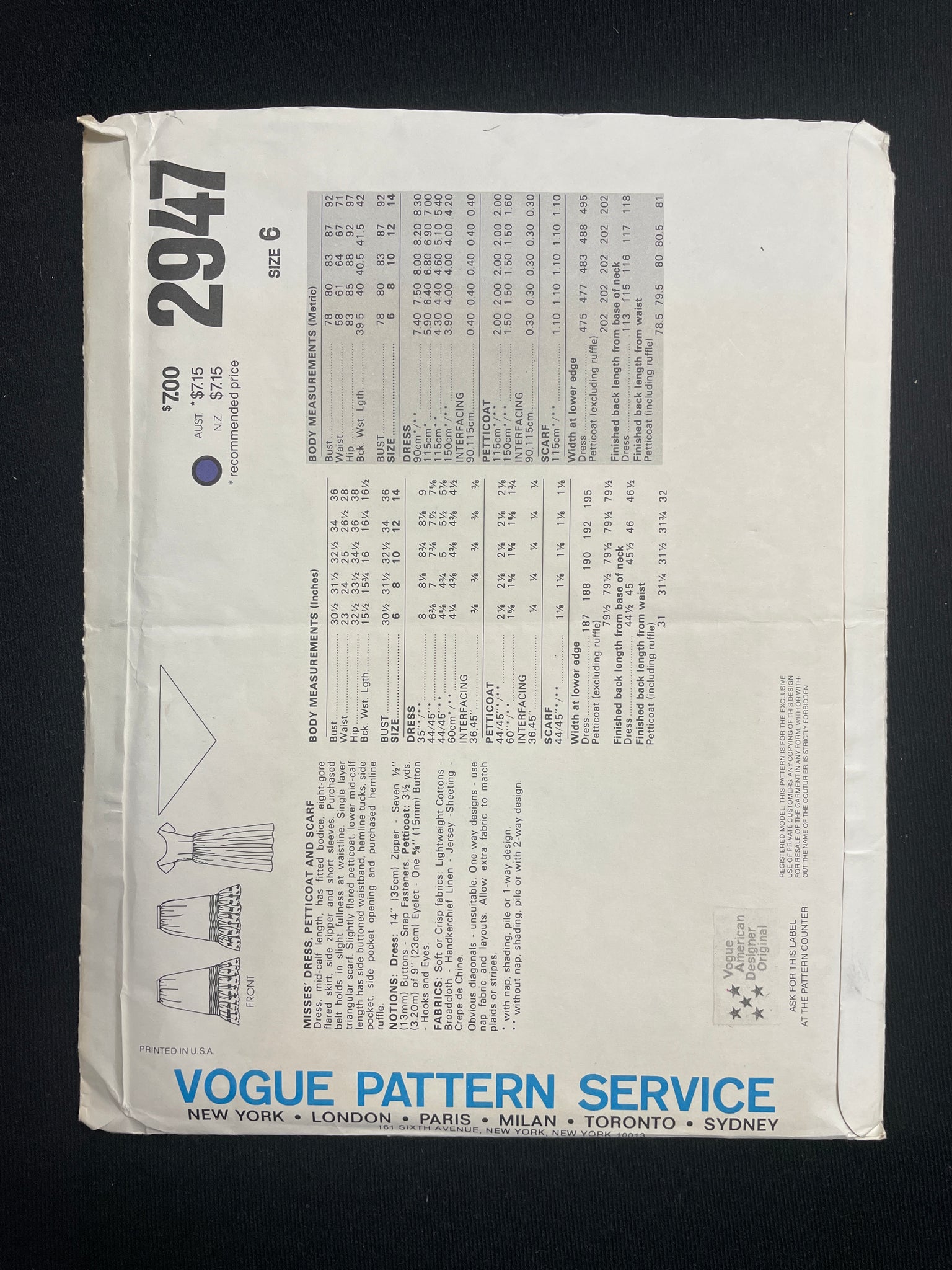 1980s Vogue 2947 Sewing Pattern - Dress, Petticoat and Scarf FACTORY FOLDED