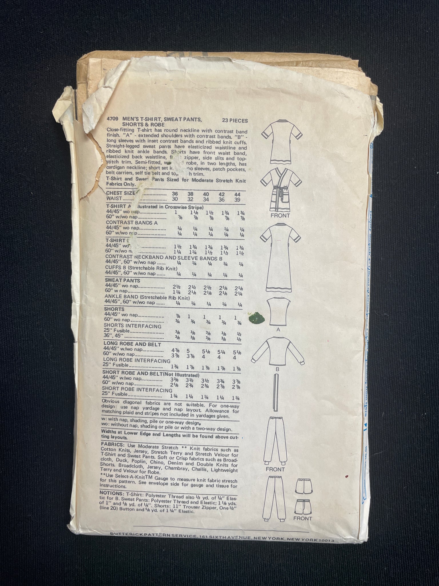 1970s Butterick 4709 Sewing Pattern - Men's T-Shirt, Sweat Pants, Shorts and Robe