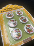 Buttons Wood Painted Set of 6 - Flowers in Various Colors on White