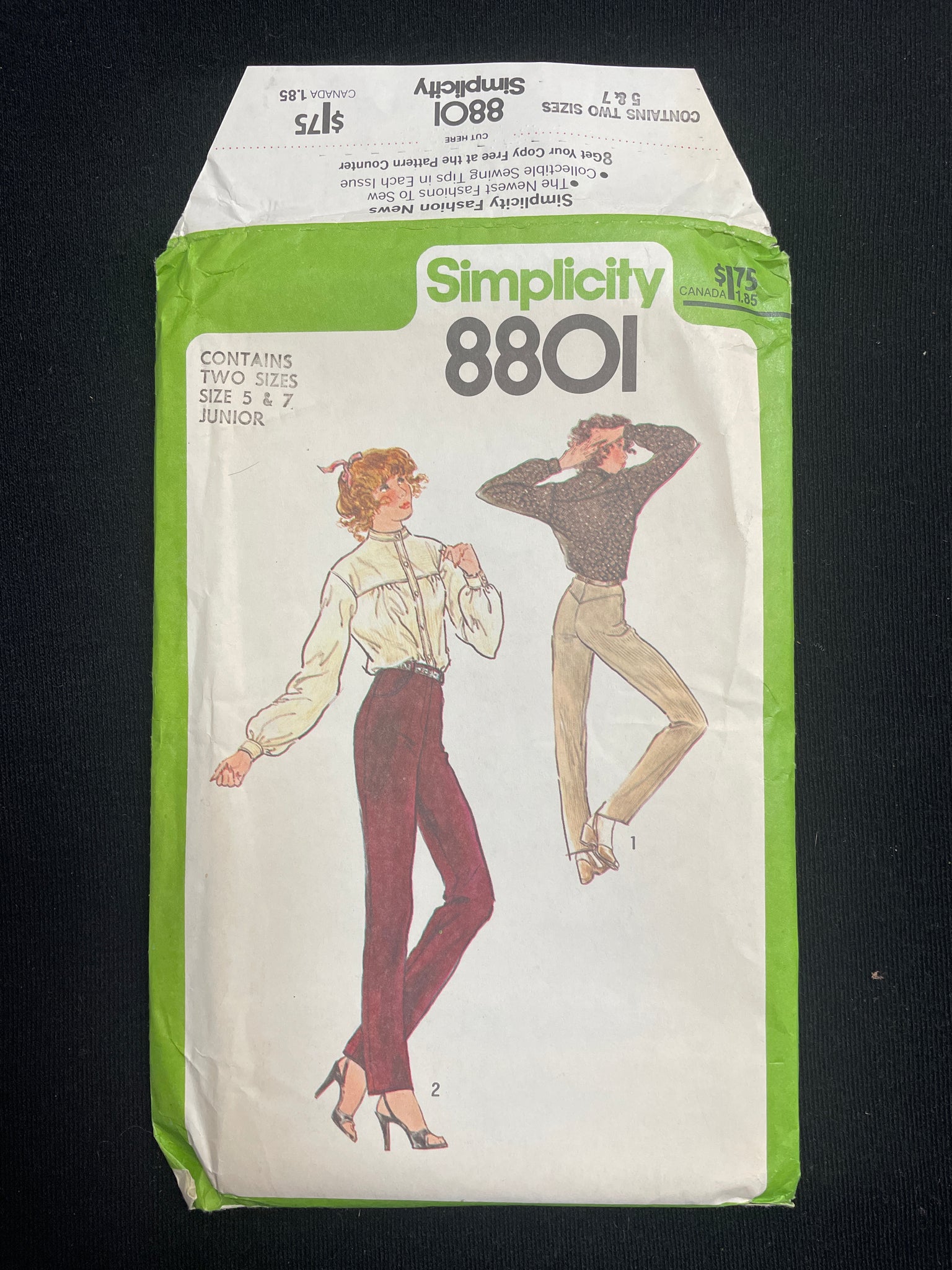 1978 Simplicity 8801 Sewing Pattern - Junior's Shirt and Pants FACTORY FOLDED
