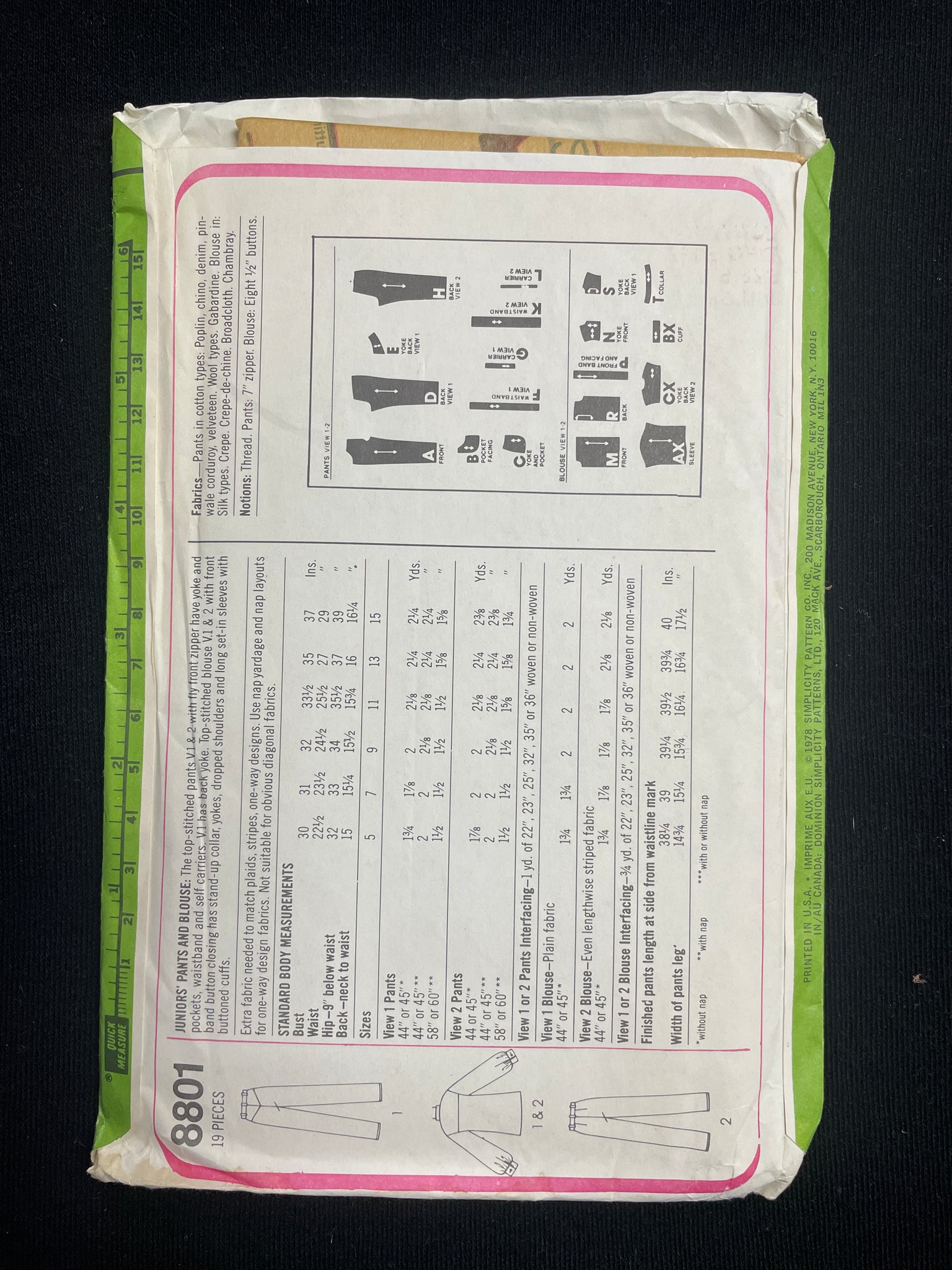 1978 Simplicity 8801 Sewing Pattern - Junior's Shirt and Pants FACTORY FOLDED