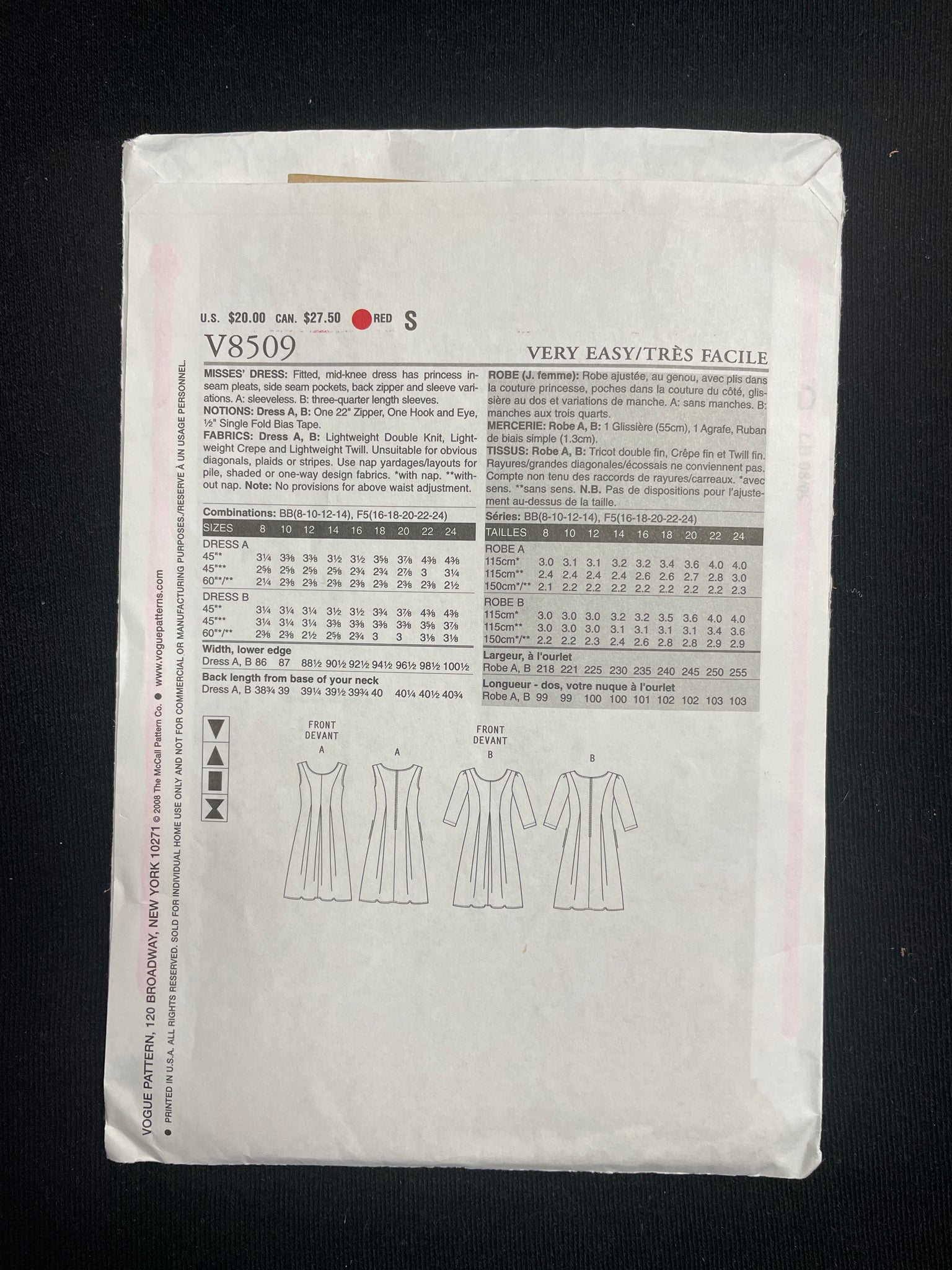 2008 Vogue 8509 Sewing Pattern - Dress FACTORY FOLDED