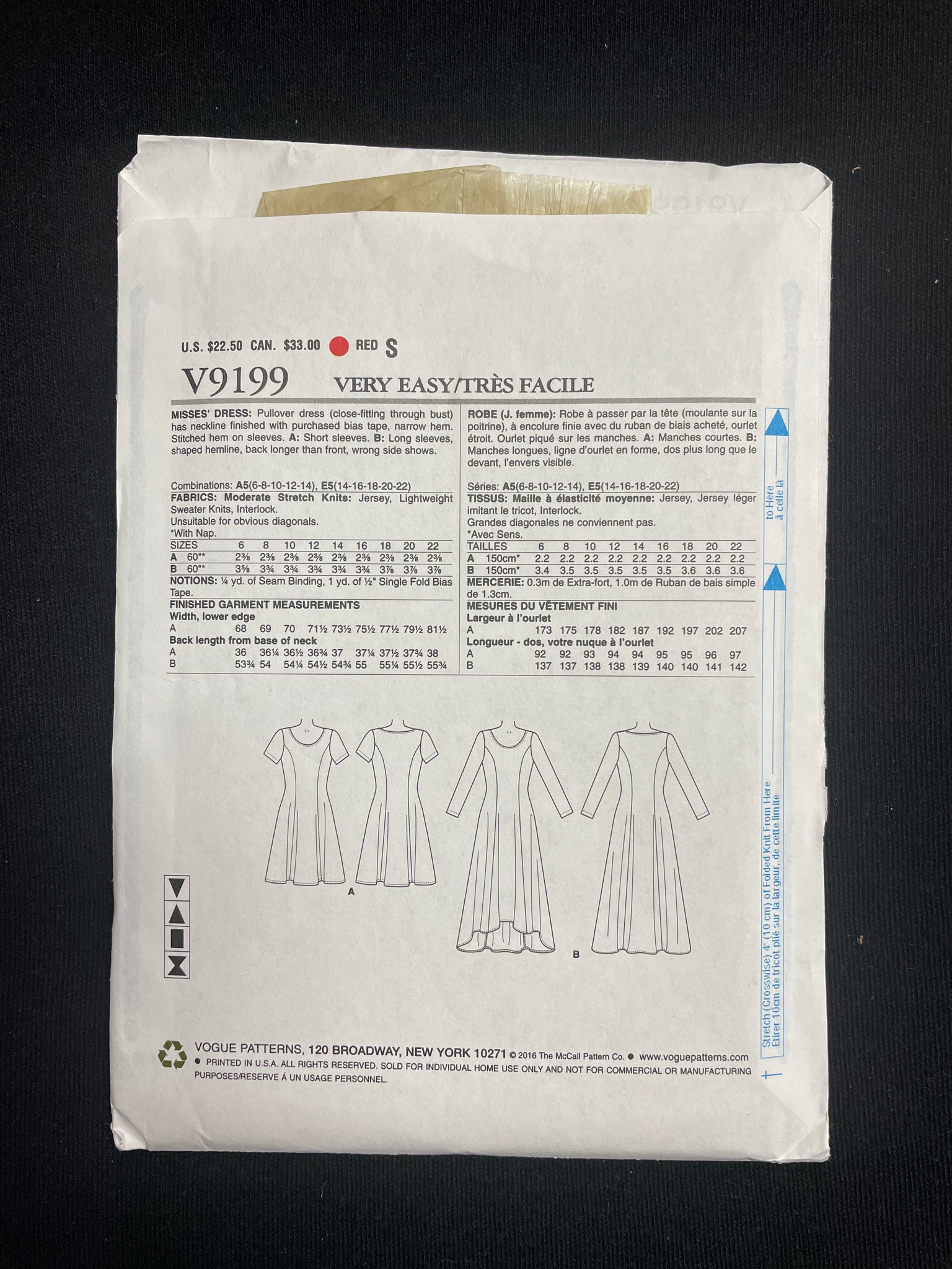 2016 Vogue 9199 Sewing Pattern - Dresses FACTORY FOLDED