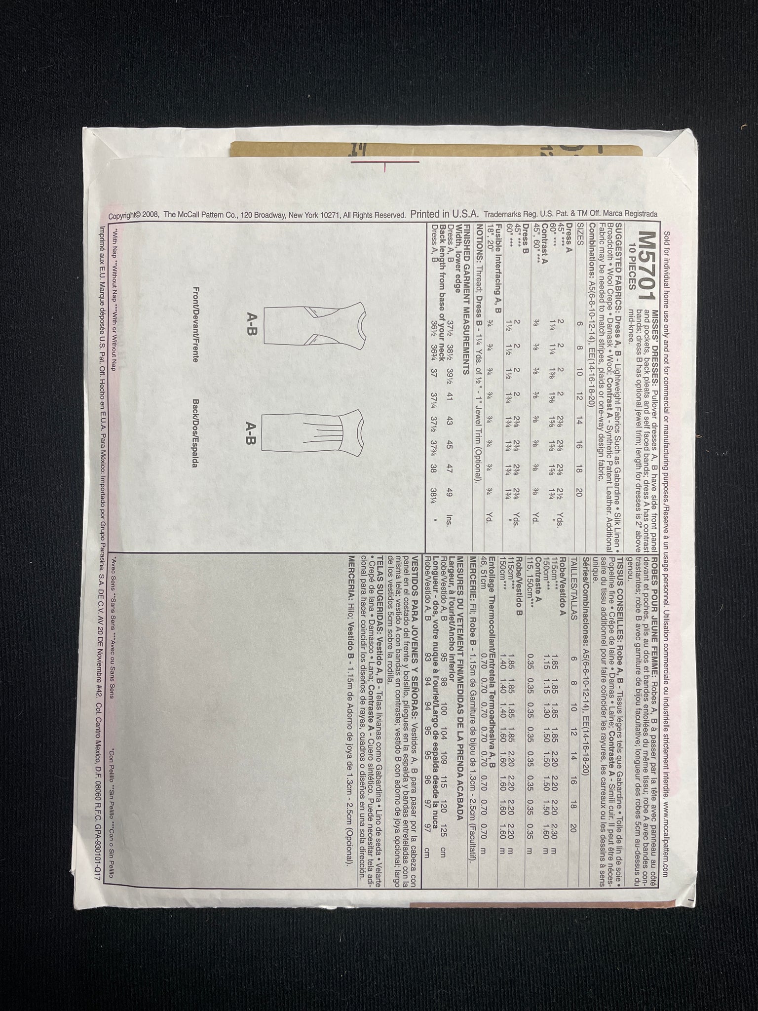 2008 McCall's 5701 Sewing Pattern - Dresses FACTORY FOLDED