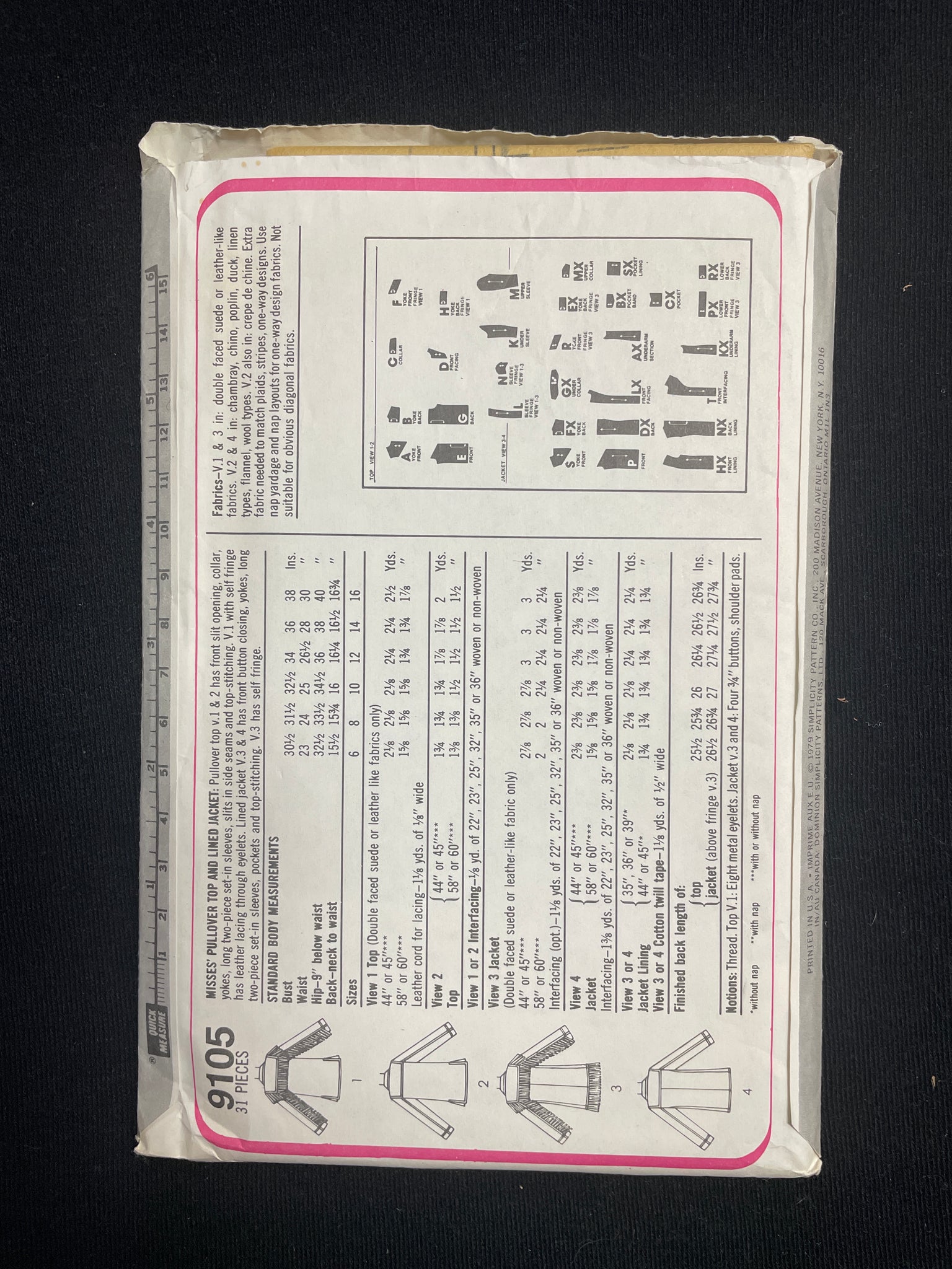 1979 Simplicity 9105 Sewing Pattern - Pullover Top and Lined Jacket FACTORY FOLDED