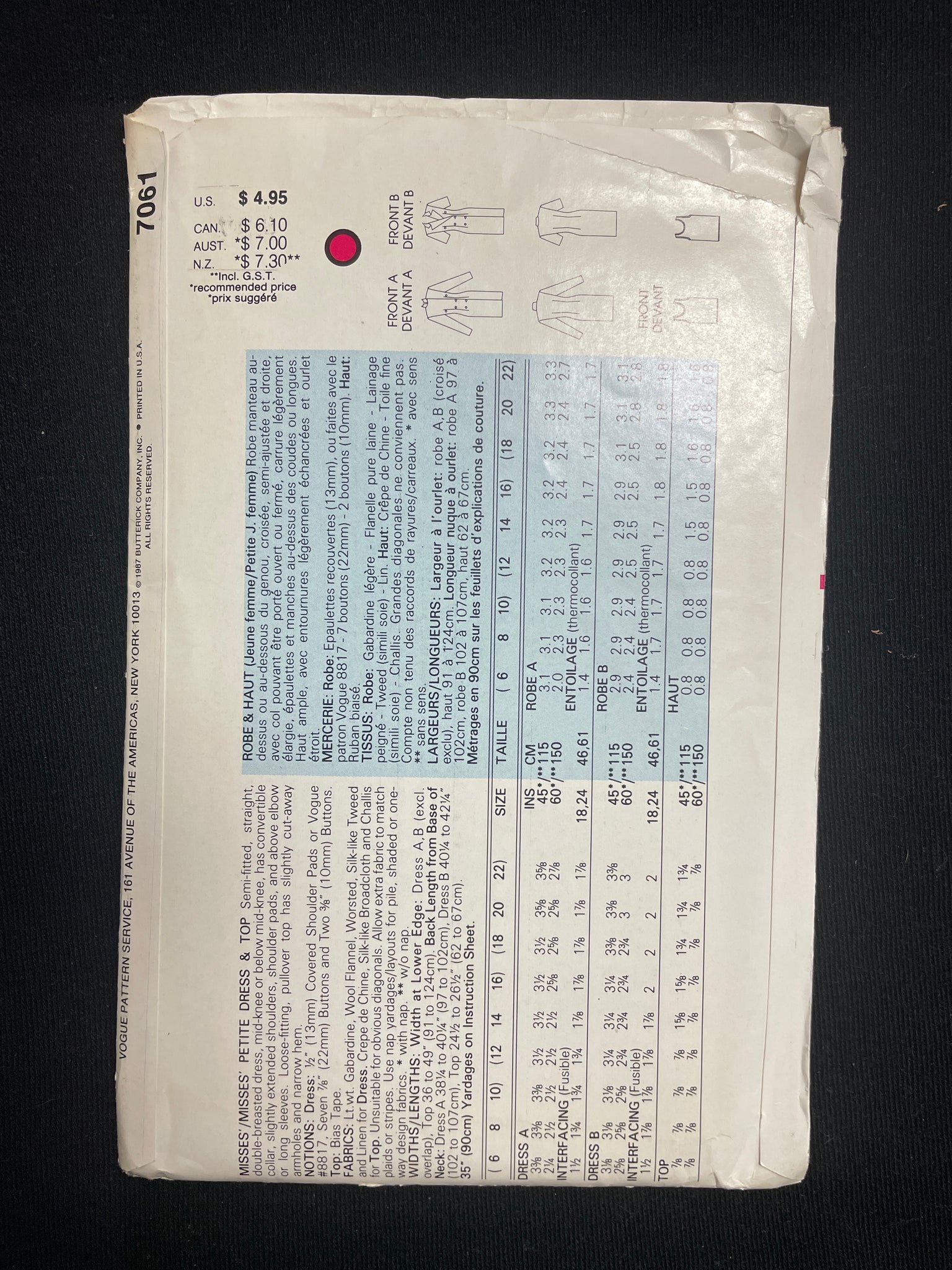 1987 Vogue 7061 Sewing Pattern - Dress FACTORY FOLDED