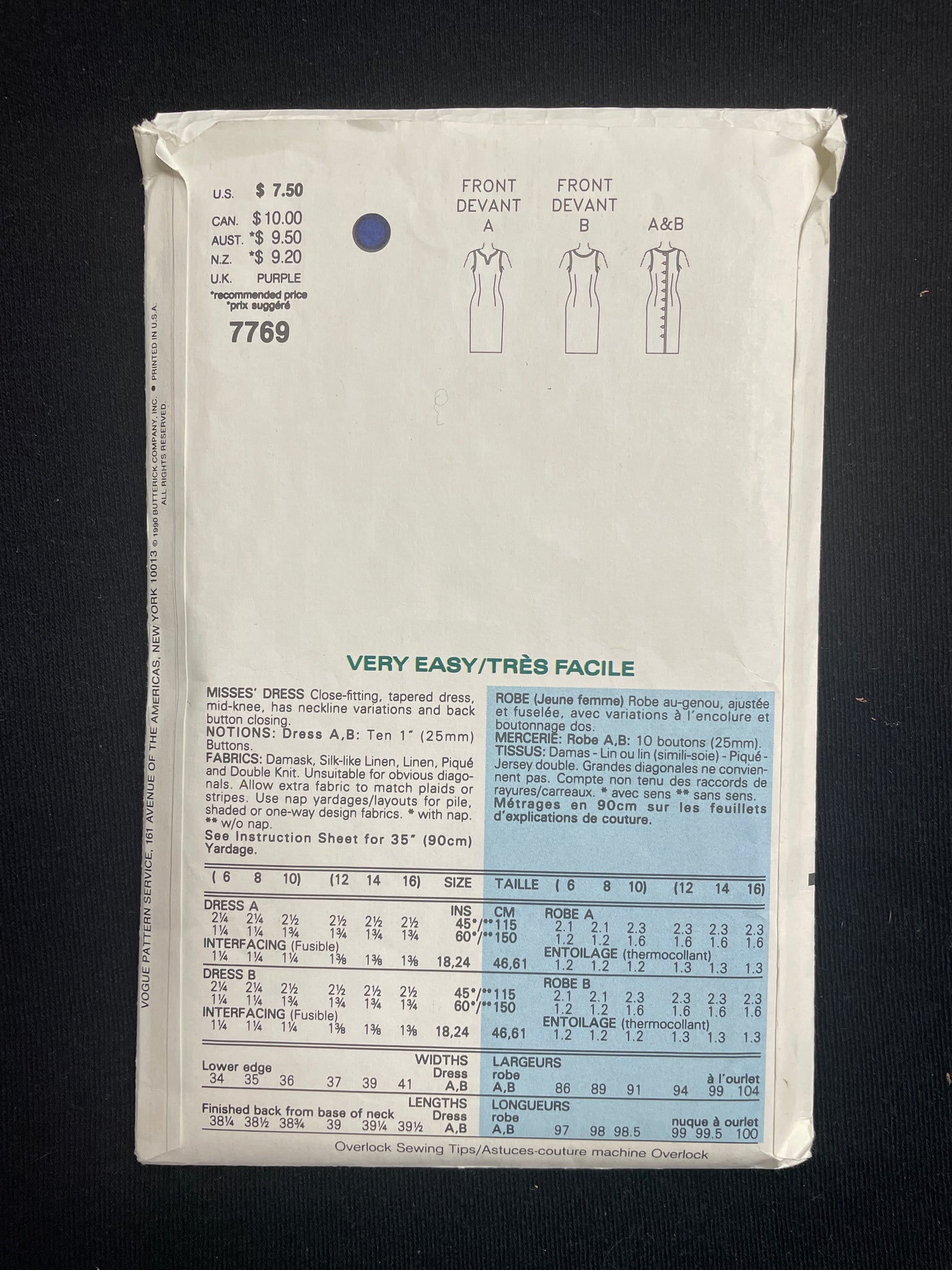 1990 Vogue 7769 Sewing Pattern - Dress FACTORY FOLDED