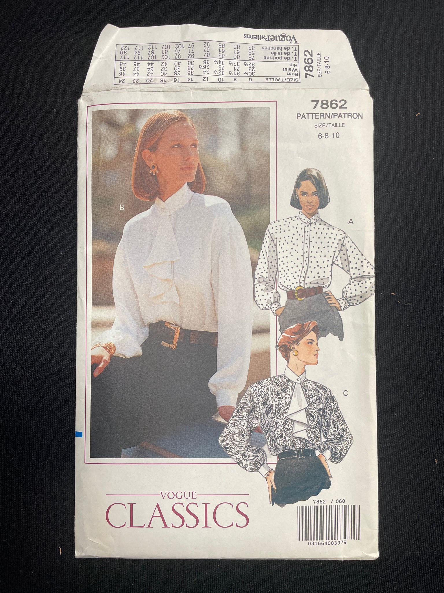 1990 Vogue 7862 Sewing Pattern - Blouses FACTORY FOLDED