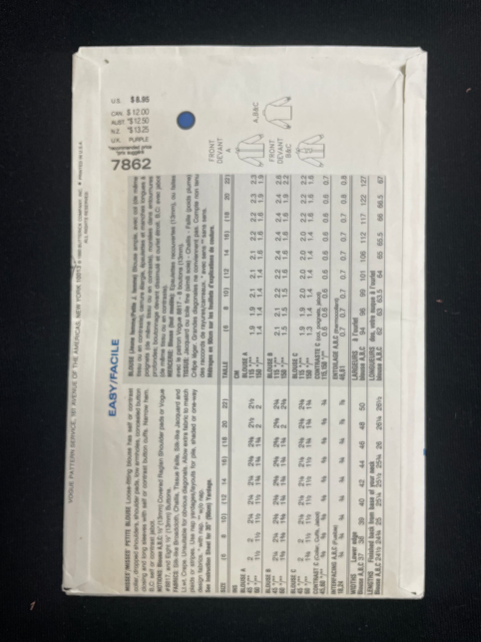 1990 Vogue 7862 Sewing Pattern - Blouses FACTORY FOLDED