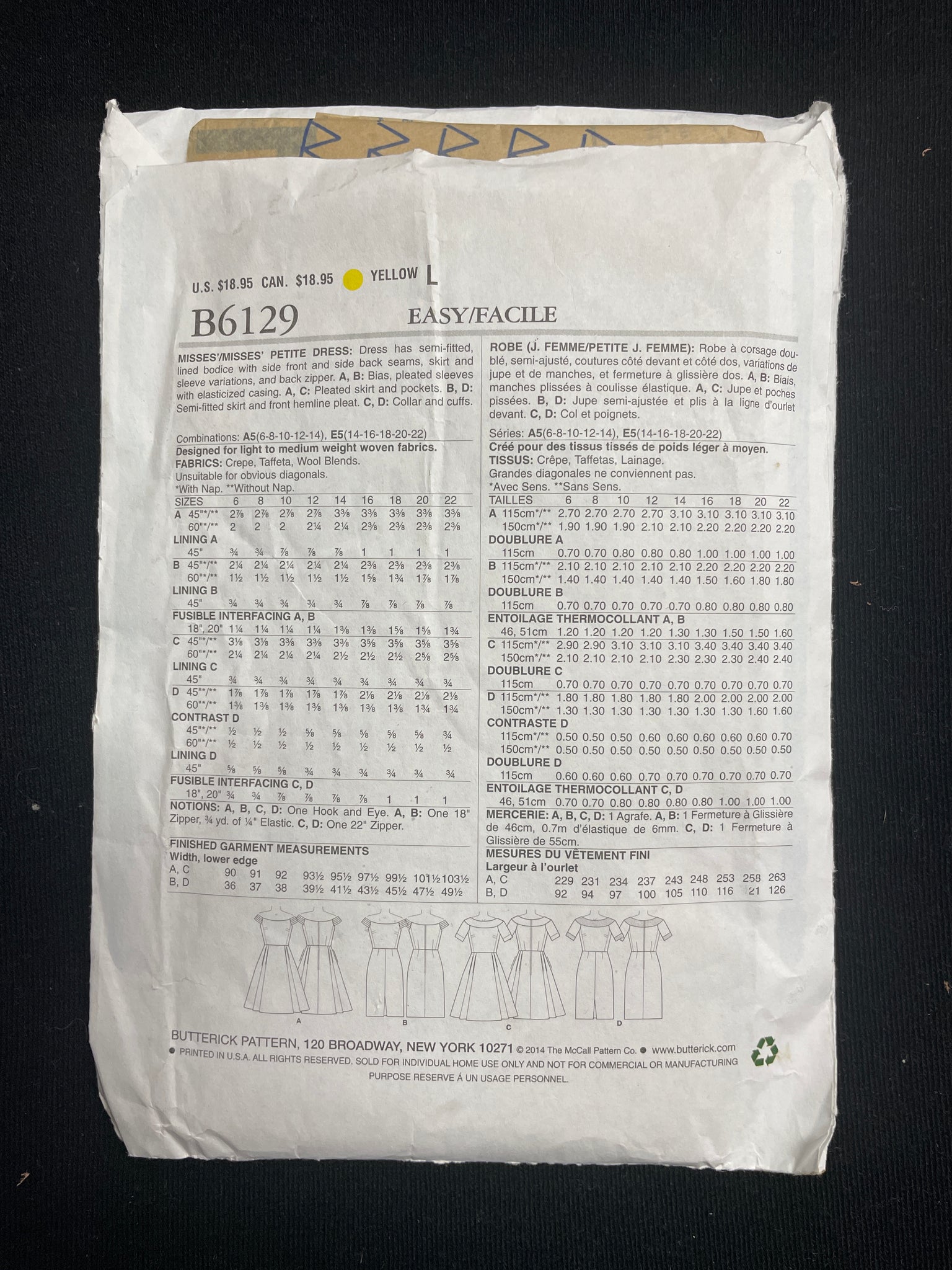 2014 Butterick 6129 Sewing Pattern - Dresses FACTORY FOLDED