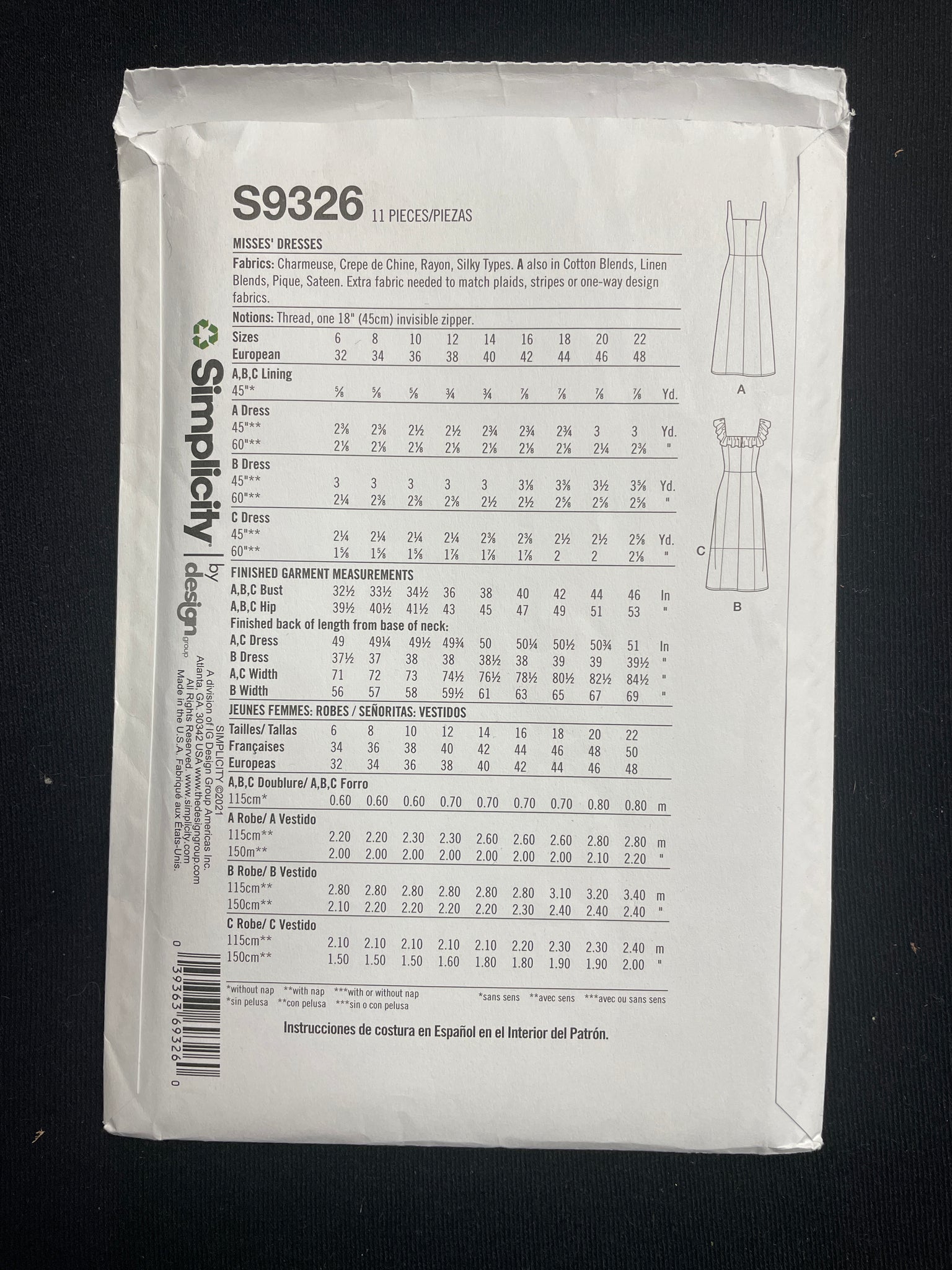 2021 Simplicity 9326 Sewing Pattern - Dresses FACTORY FOLDED