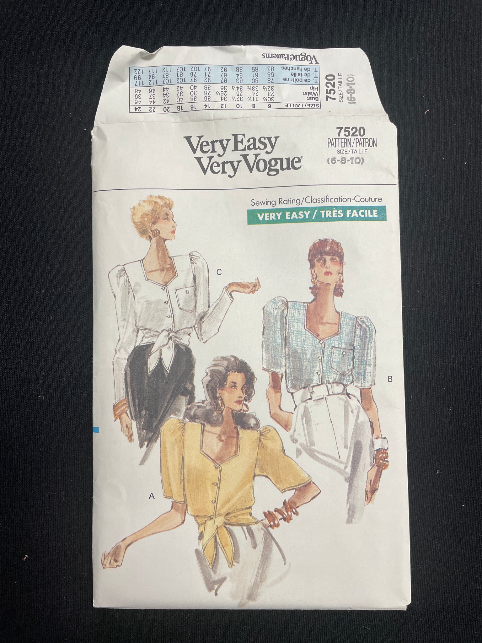 1989 Vogue 7520 Sewing Pattern - Blouse FACTORY FOLDED