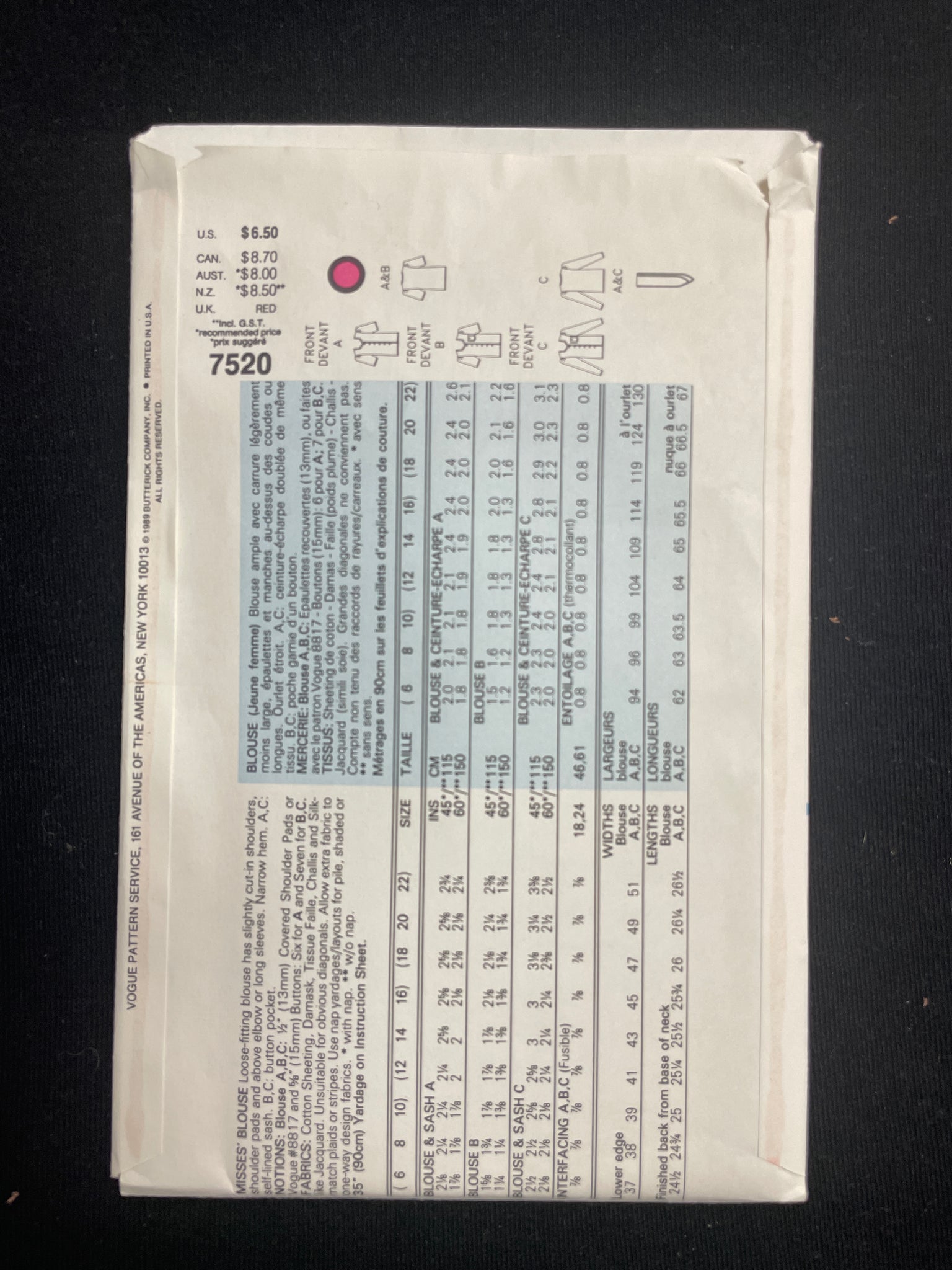 1989 Vogue 7520 Sewing Pattern - Blouse FACTORY FOLDED