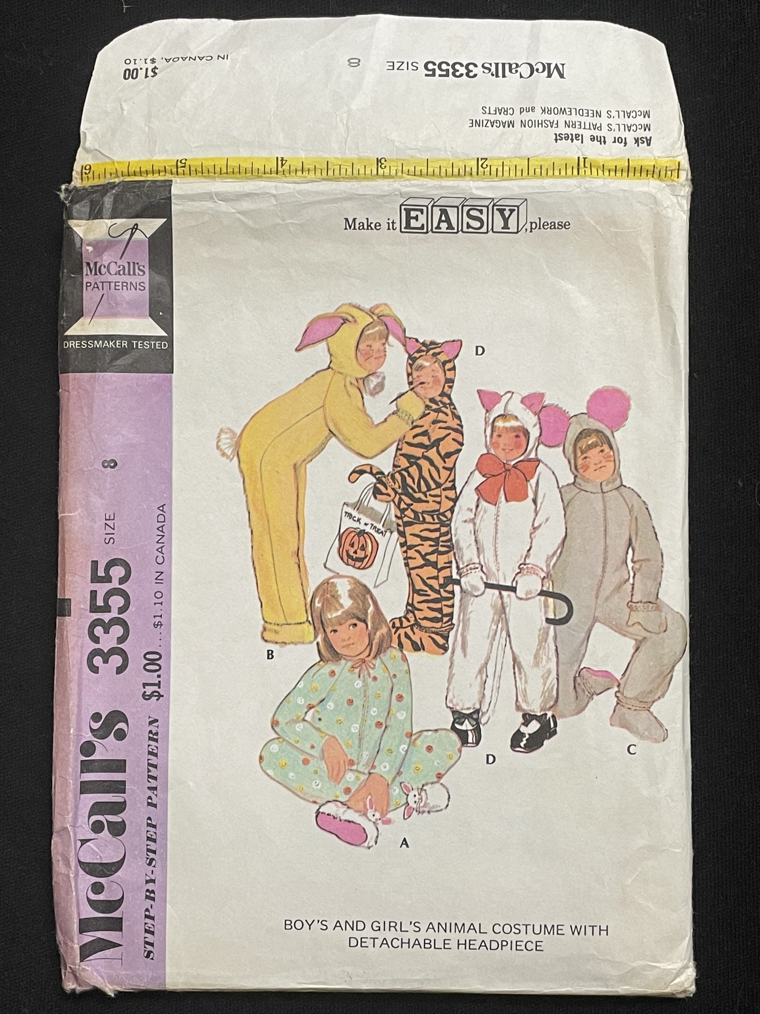 1972 McCall's 3355 Sewing Pattern - Child's Animal Costumes or Nighttime Onsie