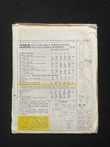 1972 McCall's 3355 Sewing Pattern - Child's Animal Costumes or Nighttime Onsie