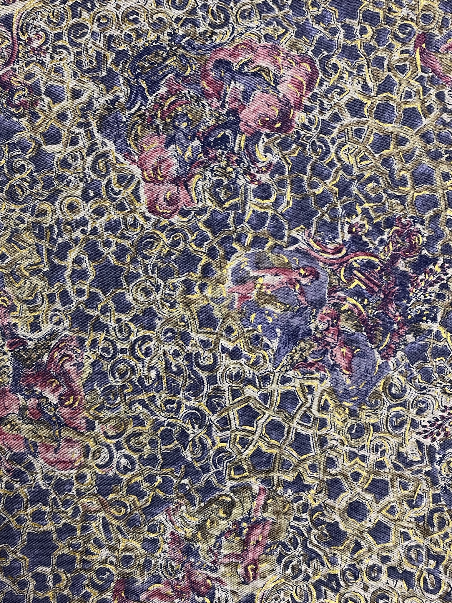 3 2/3 YD Vintage Rayon - Mottled Purple with Orchid Pink Cherubs and Gold Accents
