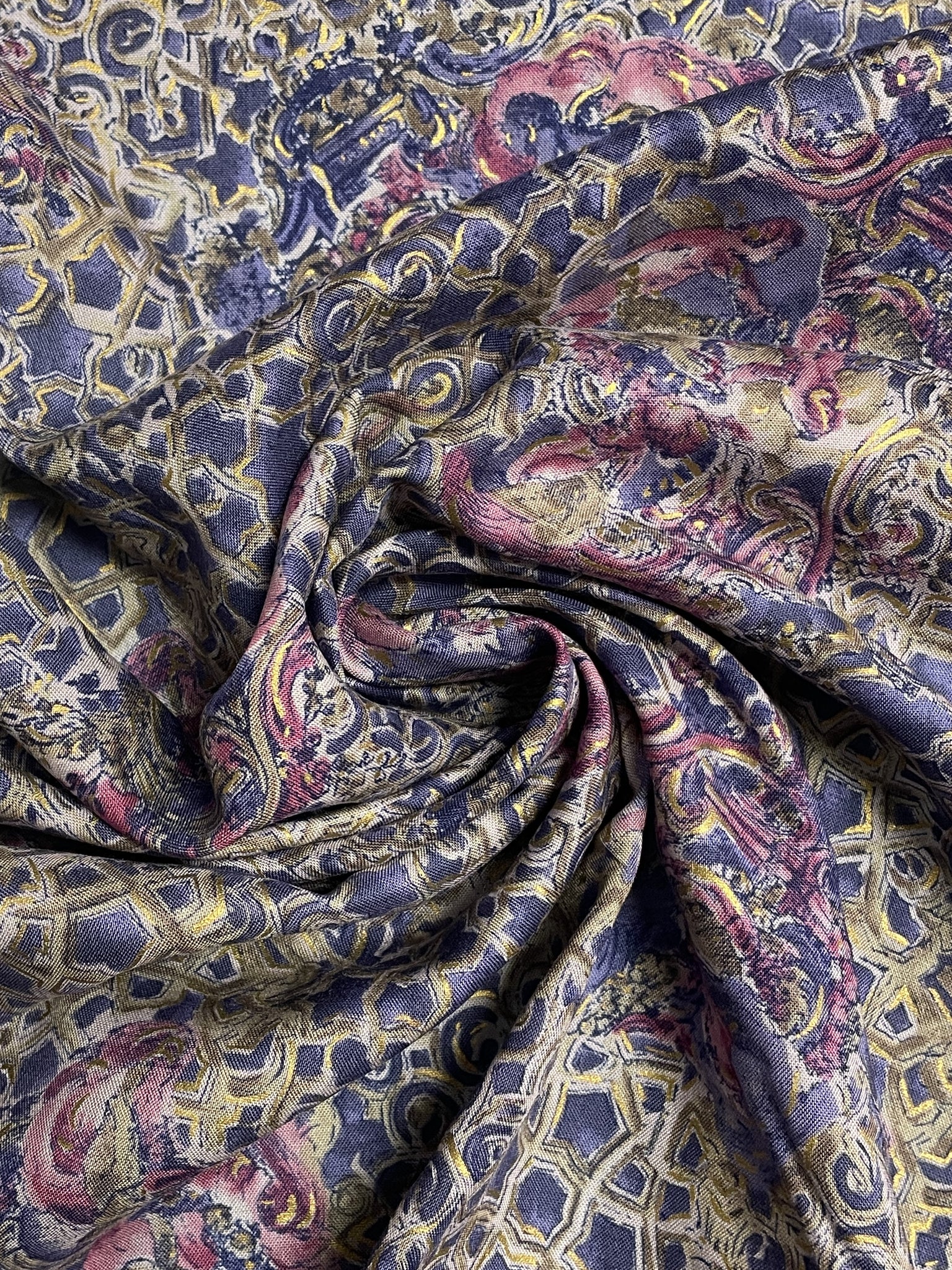 3 2/3 YD Vintage Rayon - Mottled Purple with Orchid Pink Cherubs and Gold Accents