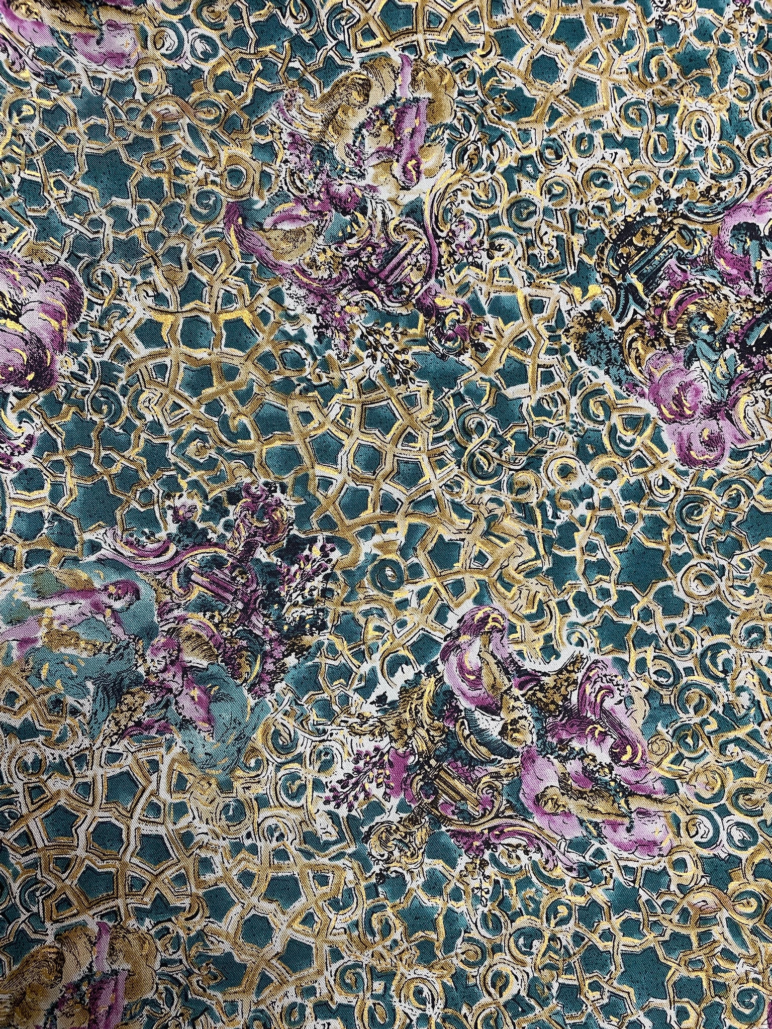4 1/2 YD Vintage Rayon - Mottled Green with Purple Cherubs and Gold Accents