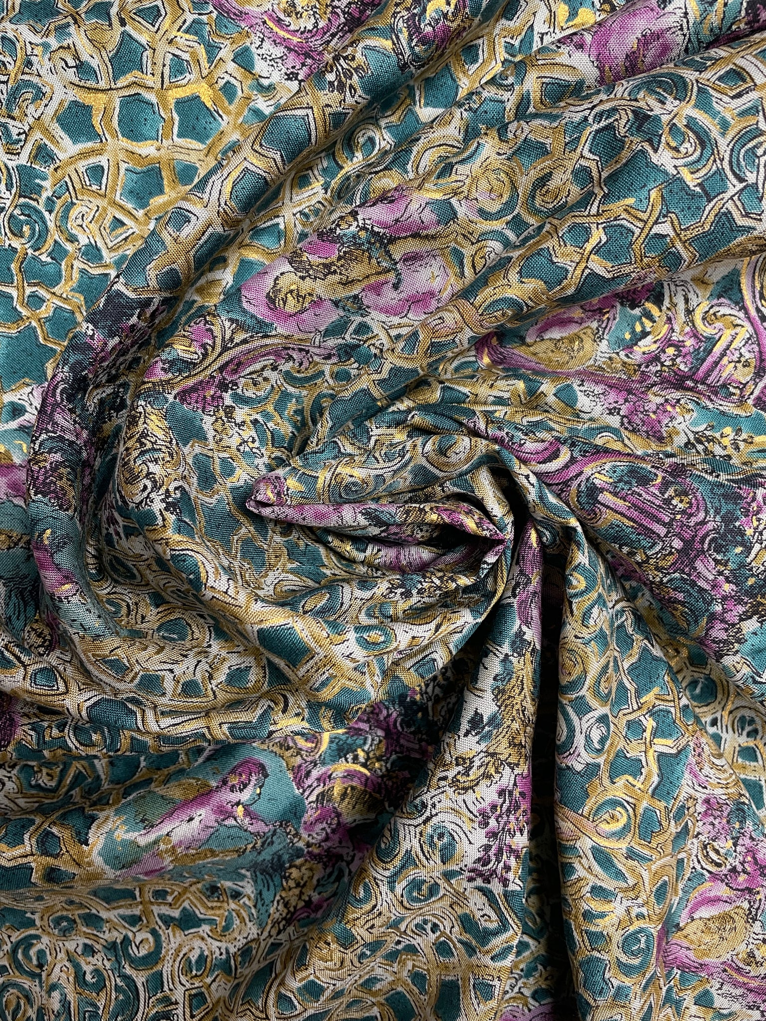 4 1/2 YD Vintage Rayon - Mottled Green with Purple Cherubs and Gold Accents